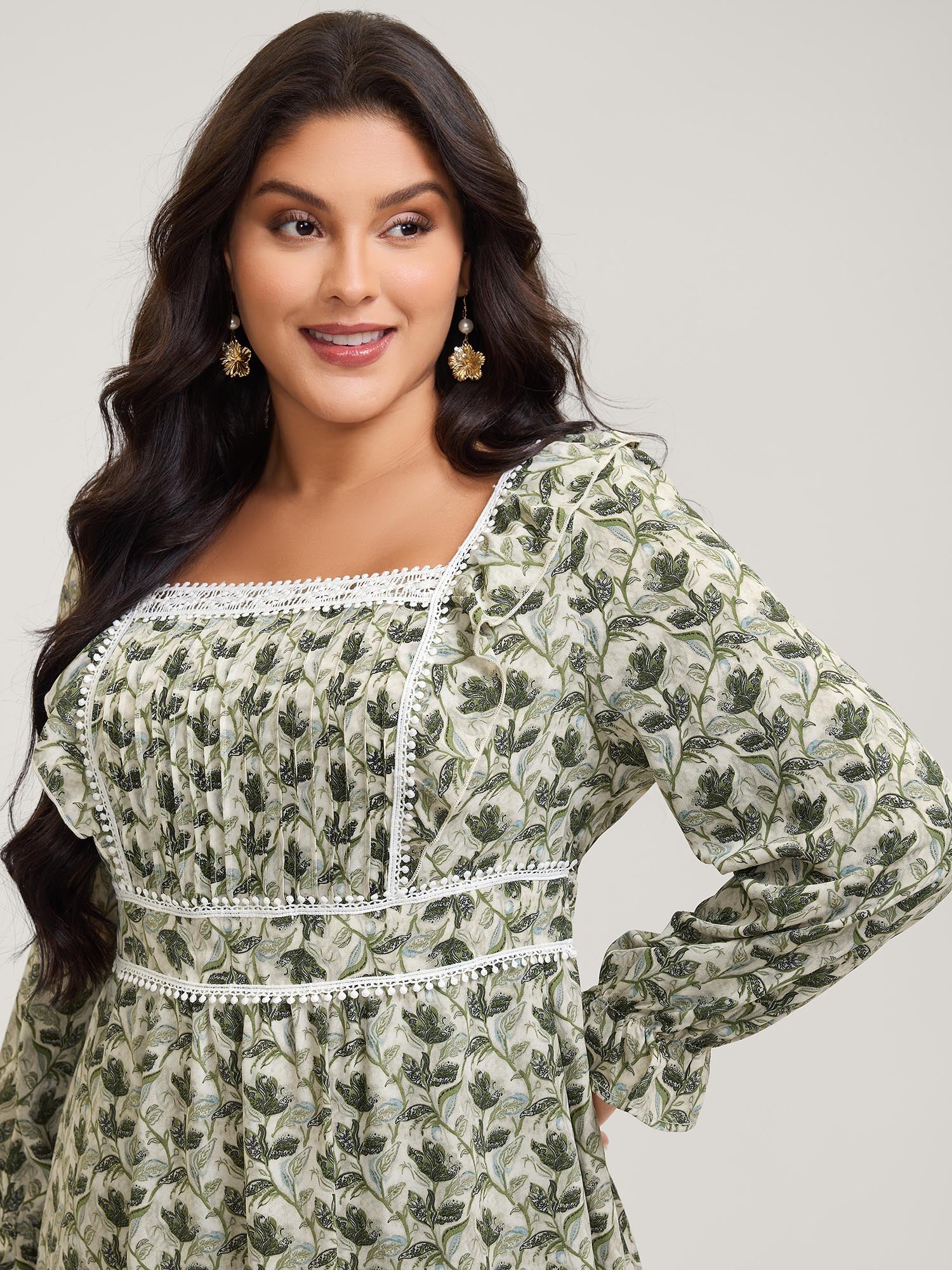 Fall Floral Print Lace Trim Midi Dress - Image 2
