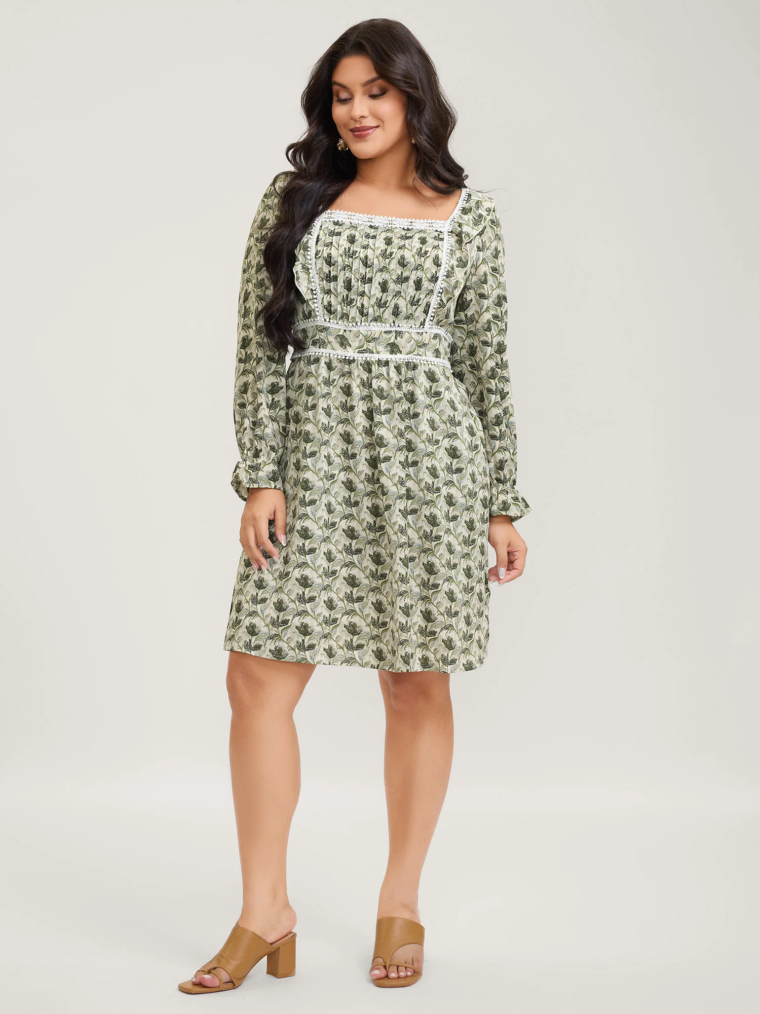 Fall Floral Print Lace Trim Midi Dress - Image 3