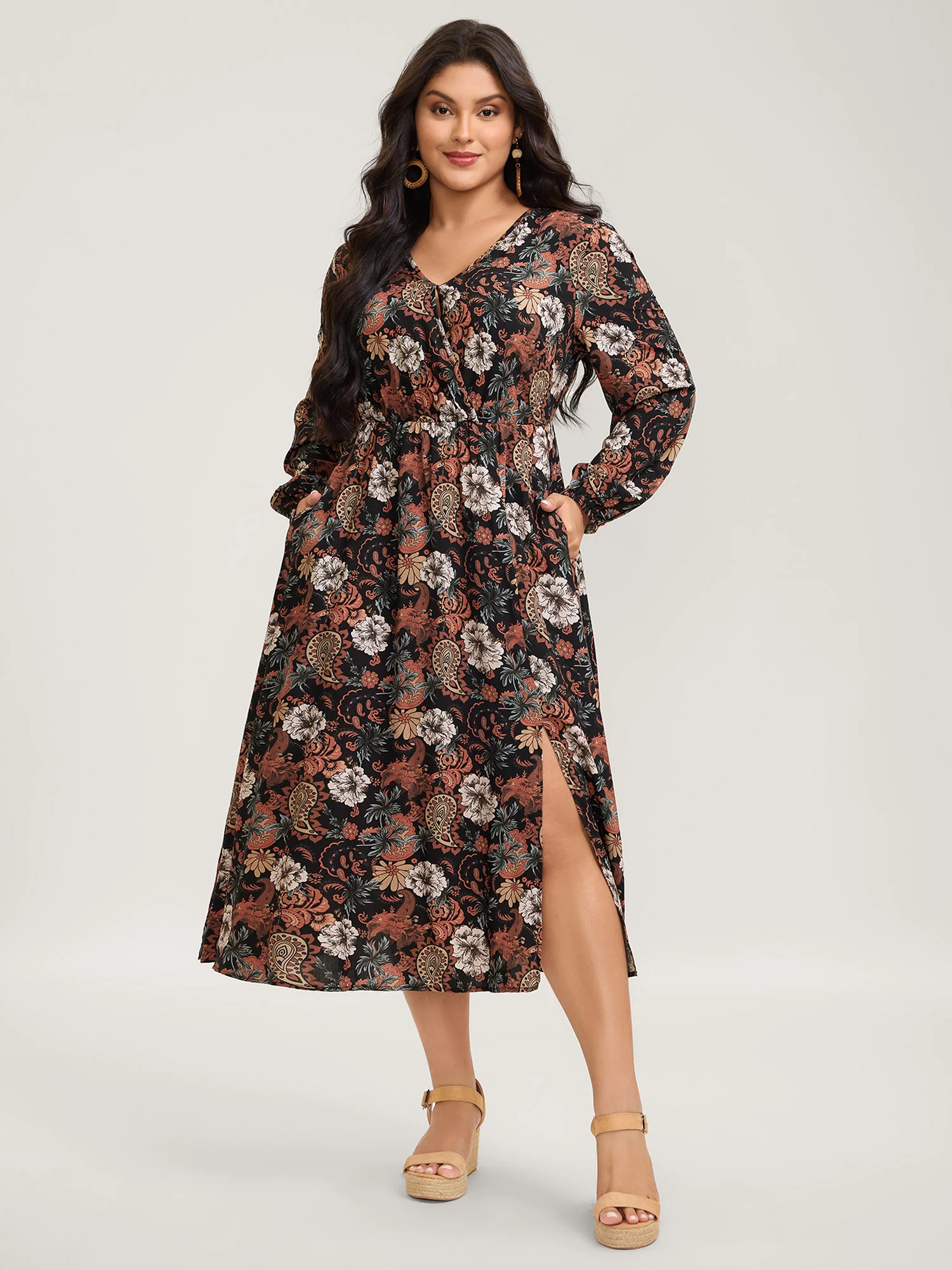 Fall Floral Print Surplice Neck Midi Dress - Image 3