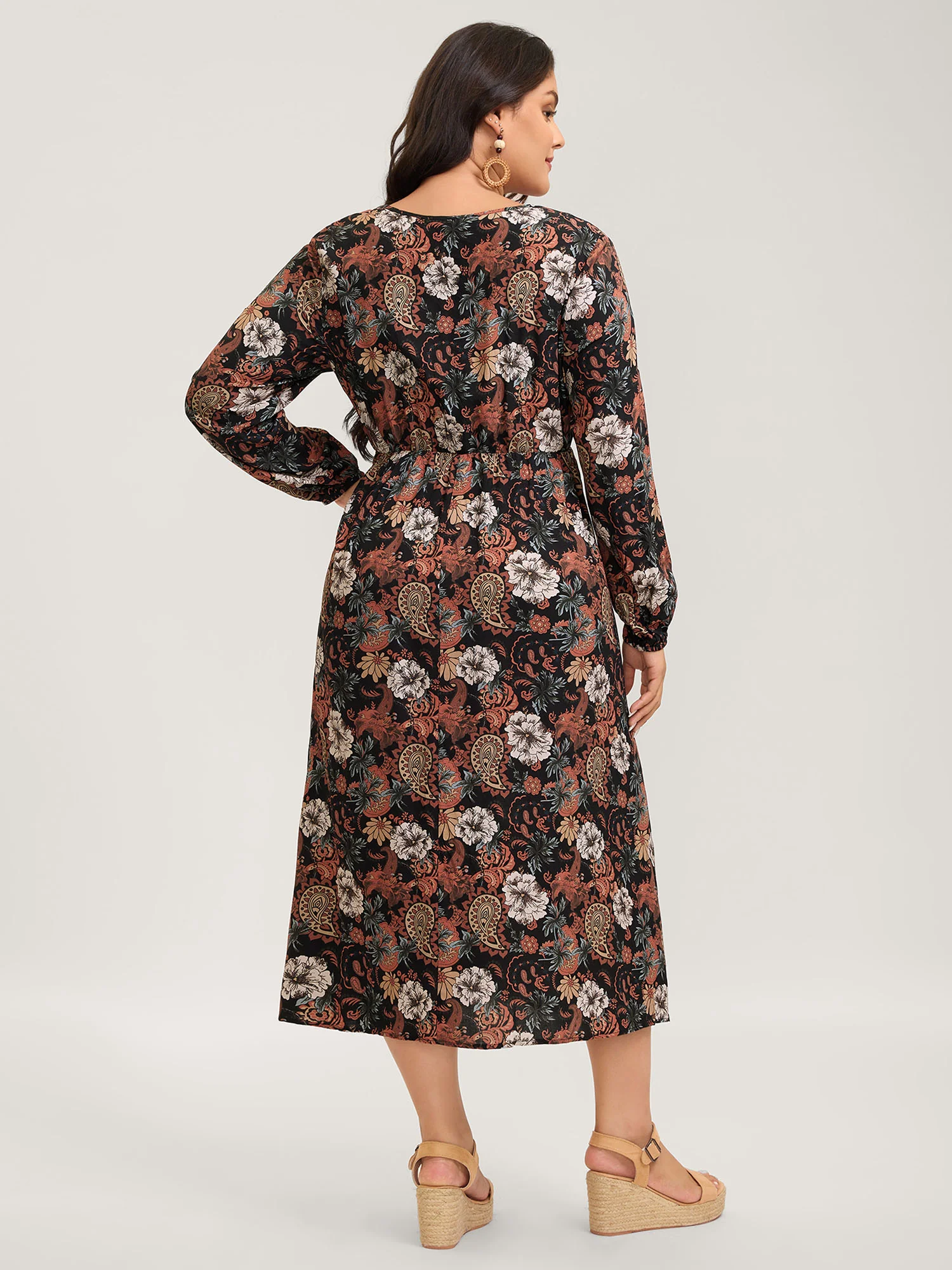Fall Floral Print Surplice Neck Midi Dress - Image 5