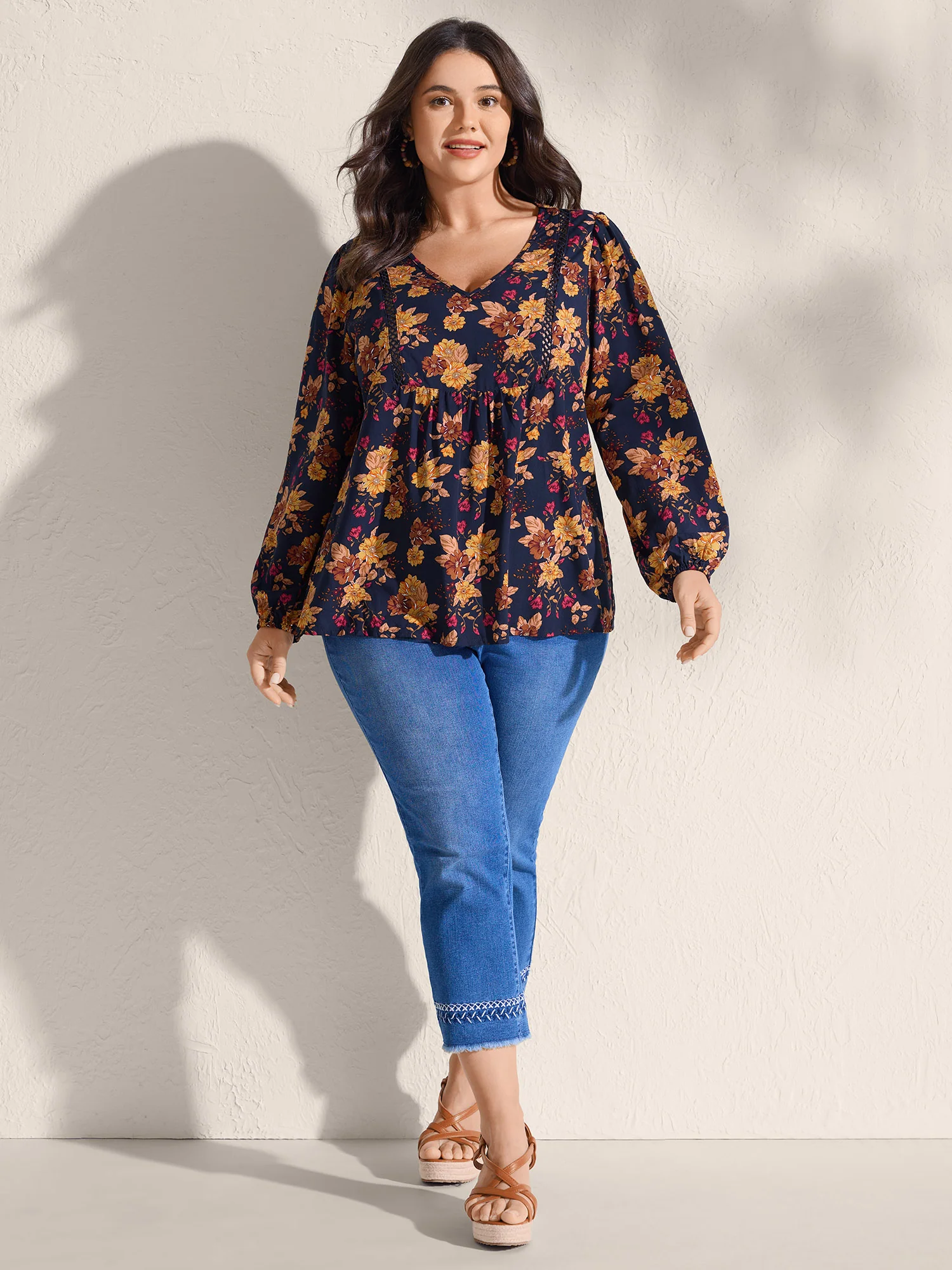 Fall Florals Lace Trim Flowy Blouse - Image 3
