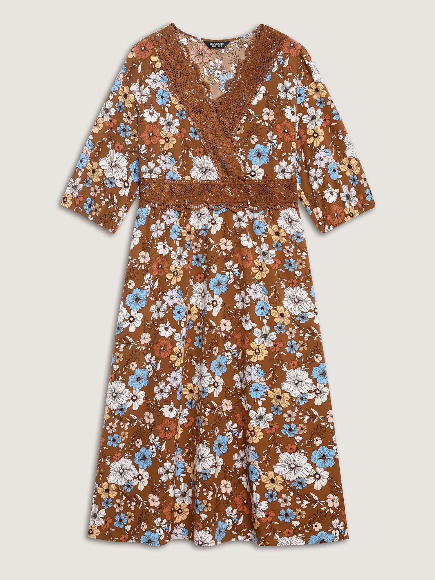 Fall Florals Lace Trim Neckline Midi Dress - Image 7