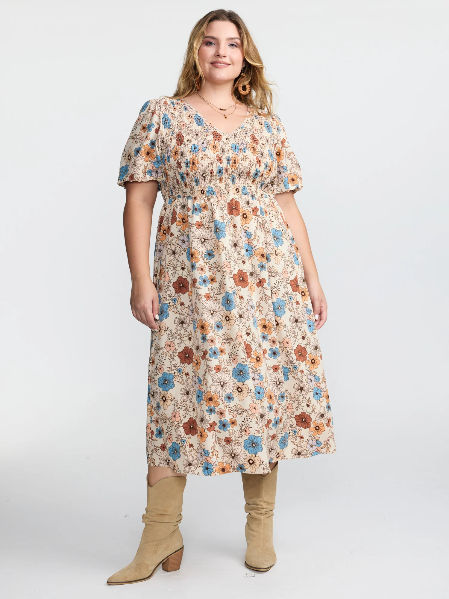 Fall Florals Shirred Bodice Midi Dress - Image 10