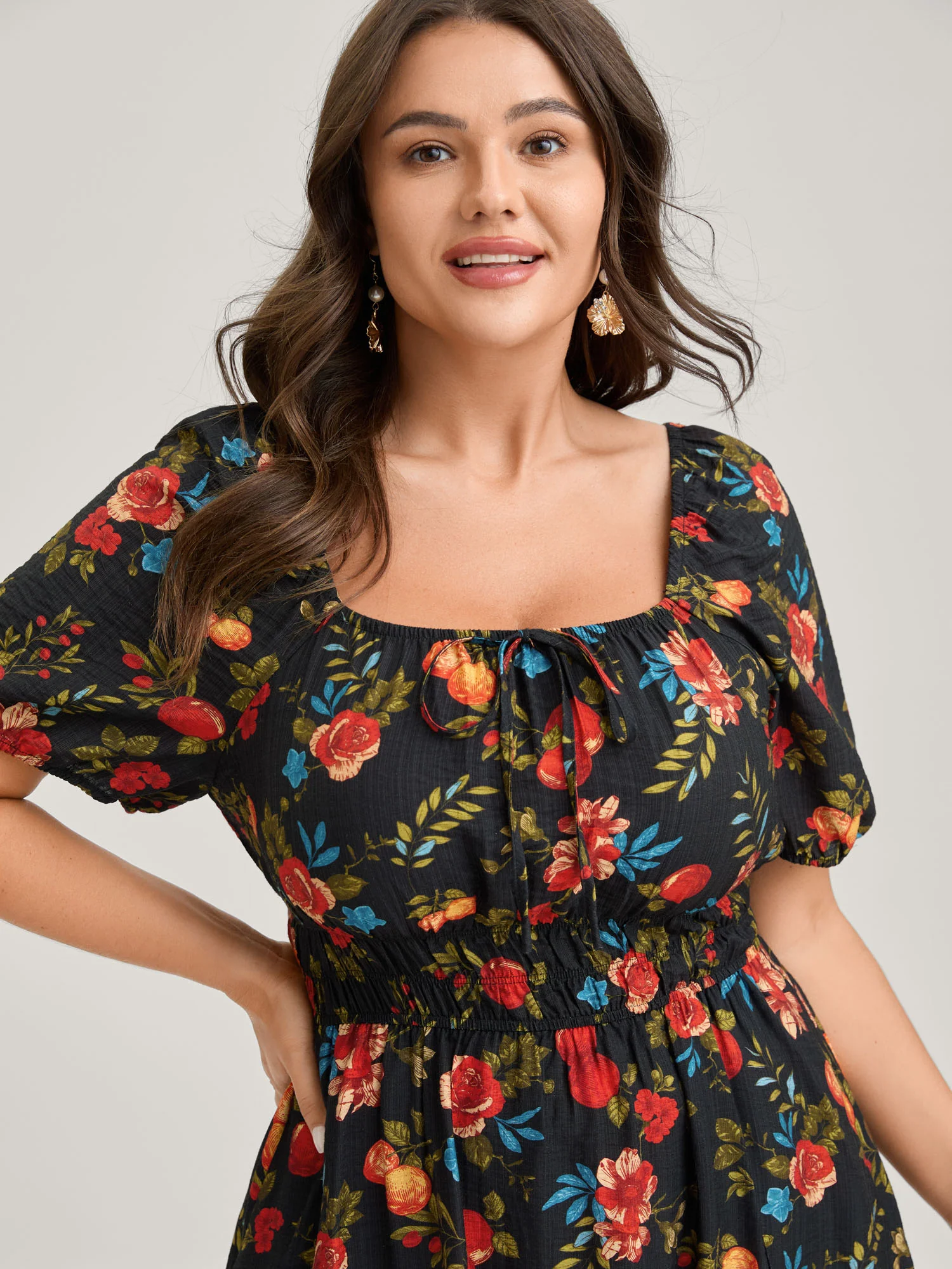 Fall Fruity Floral Waist-Cinched Midi Dress - Image 2