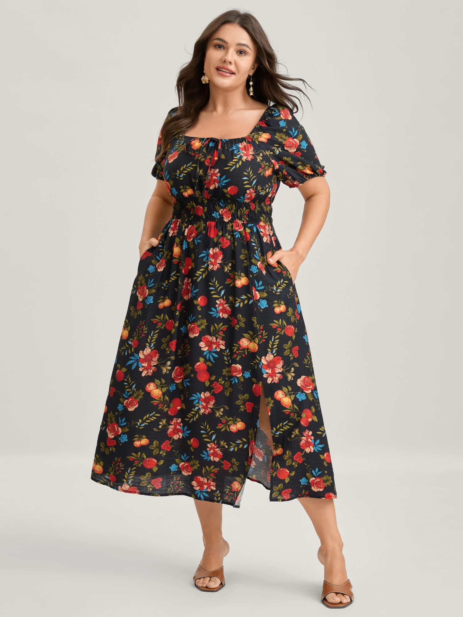 Fall Fruity Floral Waist-Cinched Midi Dress - Image 3