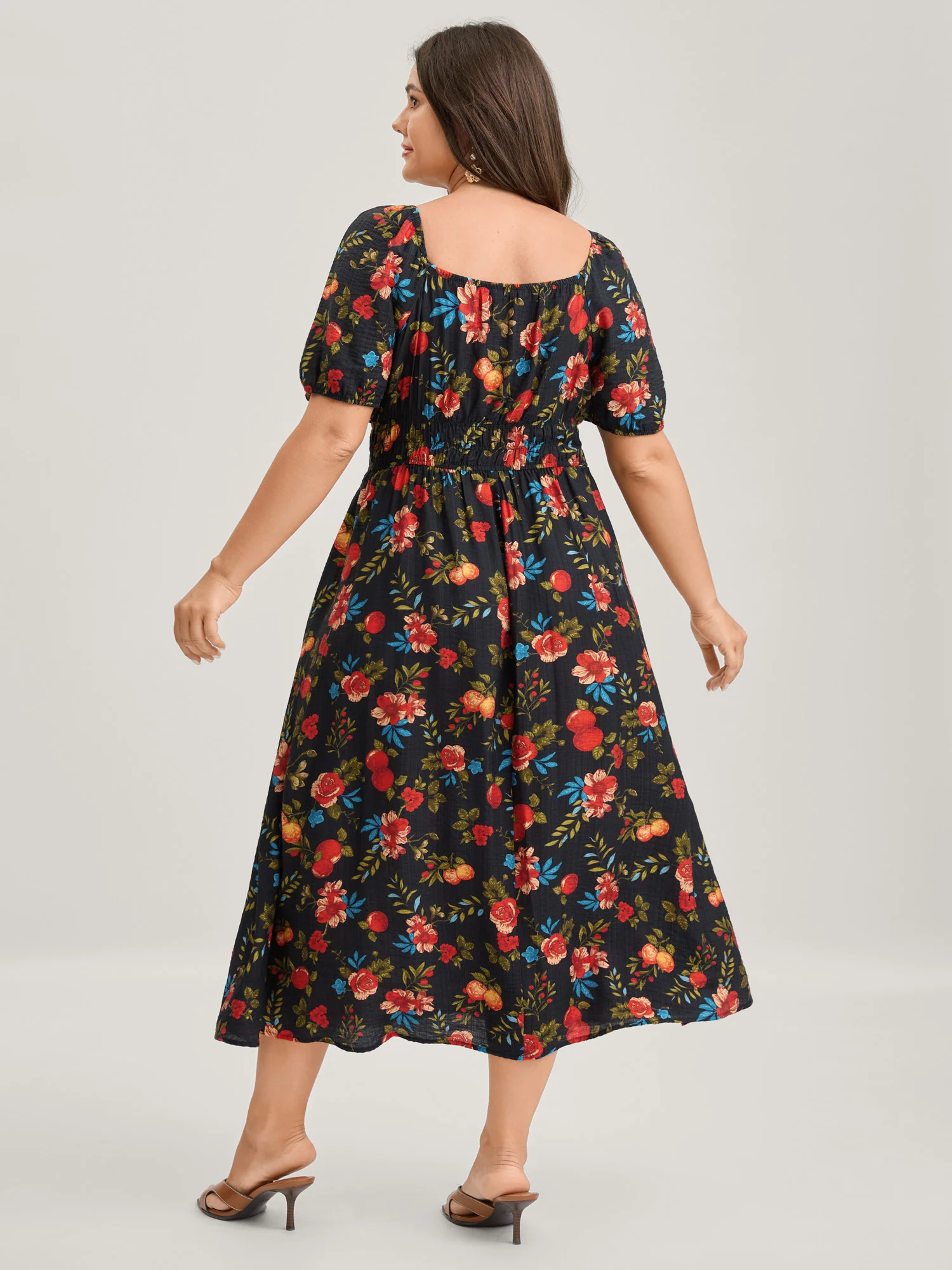 Fall Fruity Floral Waist-Cinched Midi Dress - Image 4