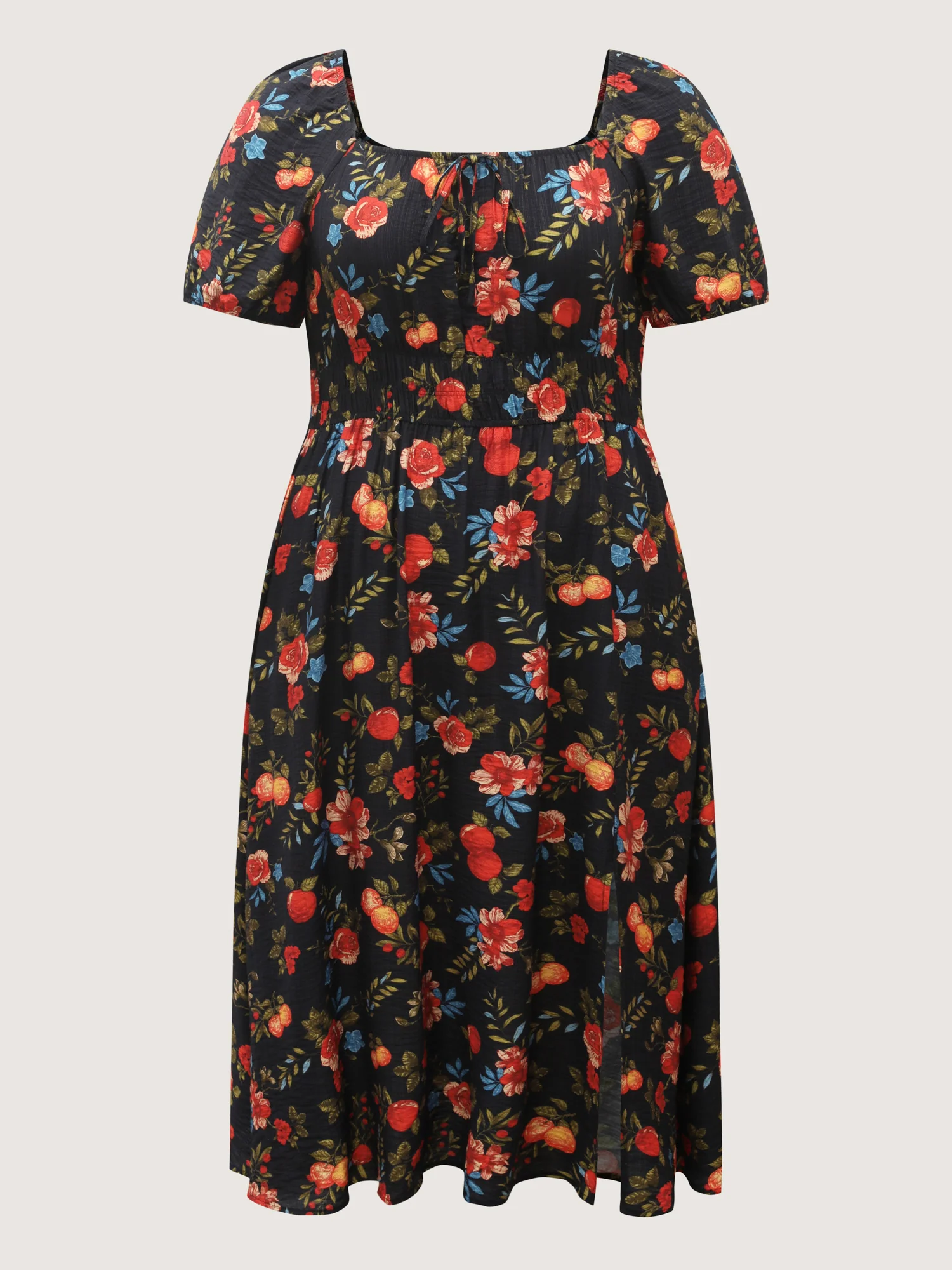 Fall Fruity Floral Waist-Cinched Midi Dress - Image 7