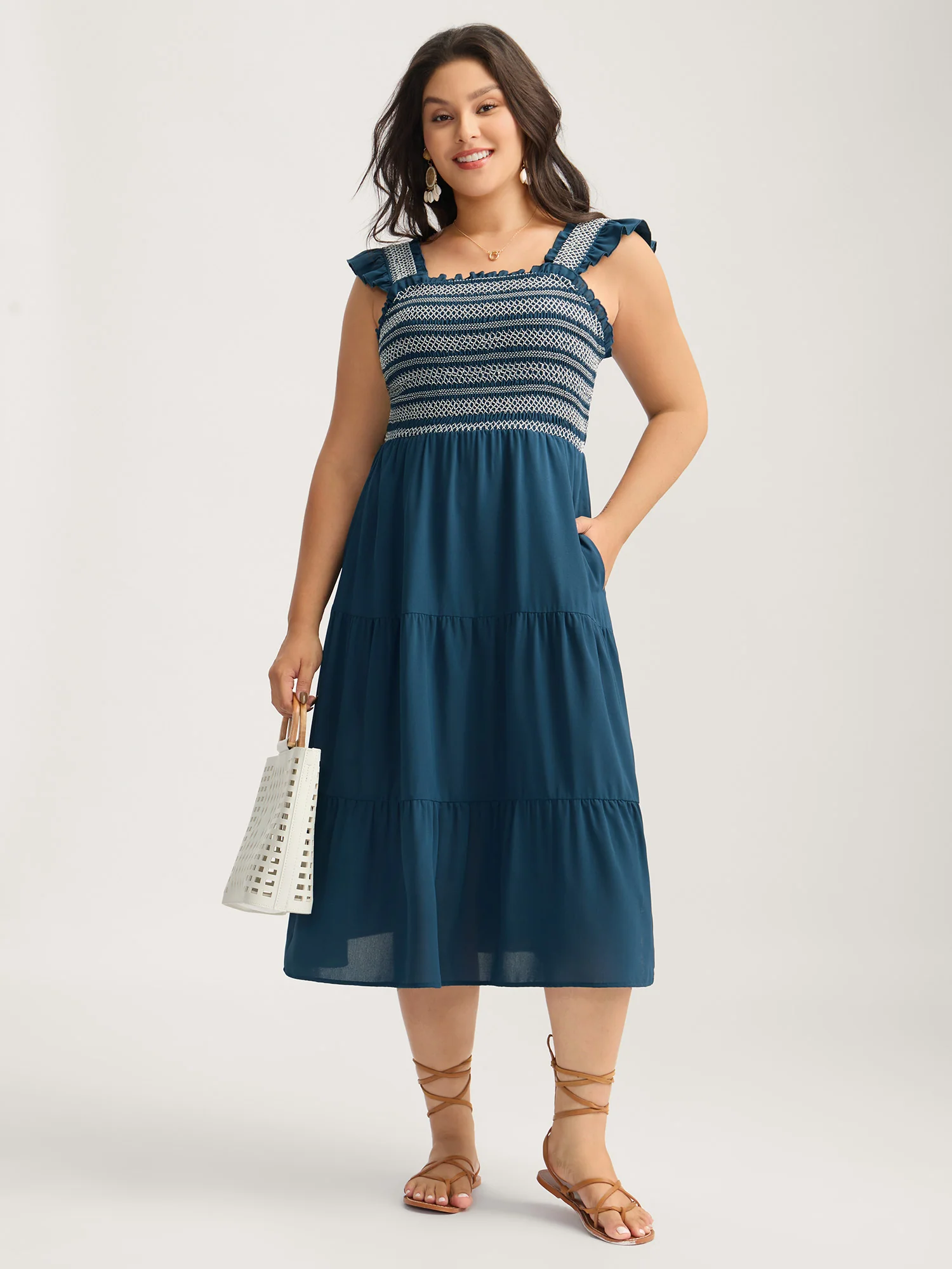 Fancy Shirred Flutter Tiered Pockets Midi Dress