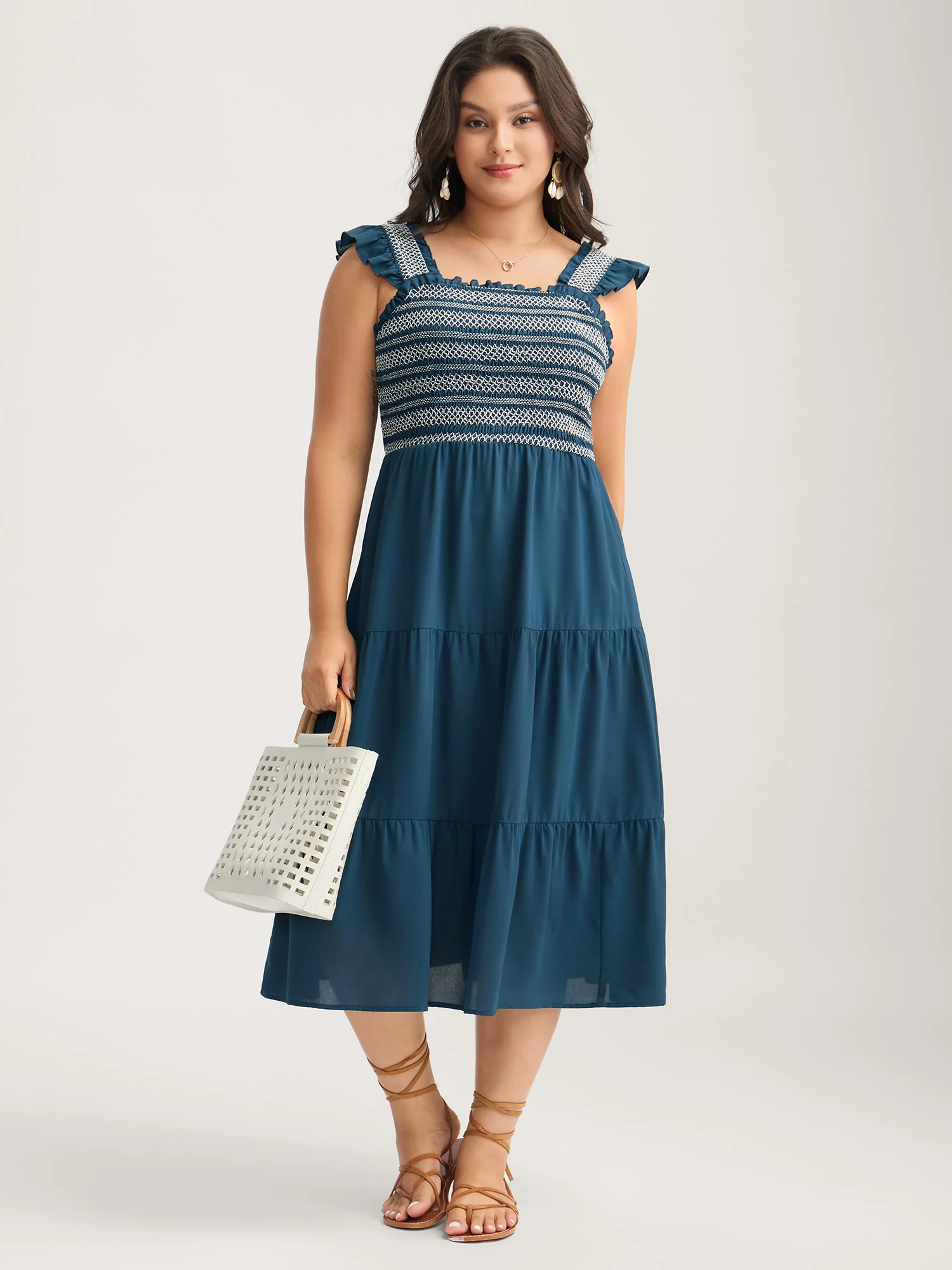 Fancy Shirred Flutter Tiered Pockets Midi Dress - Image 3