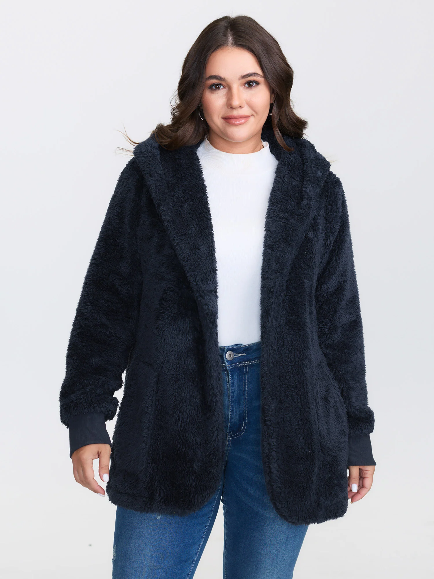 Faux Fur Hooded Pockets Jacket - Image 2