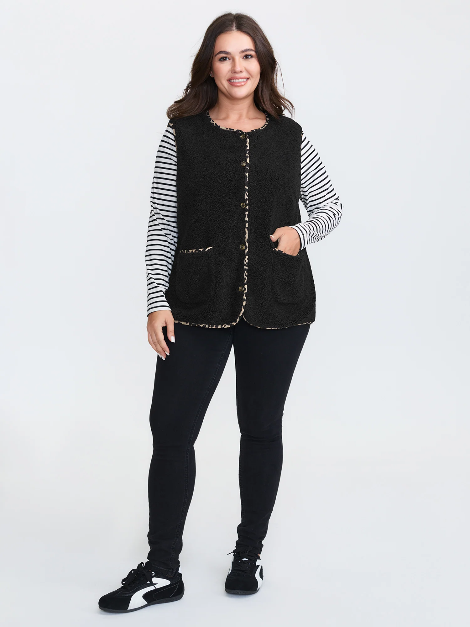 Faux Shearling Patchwork Leopard Edge Vest - Image 2
