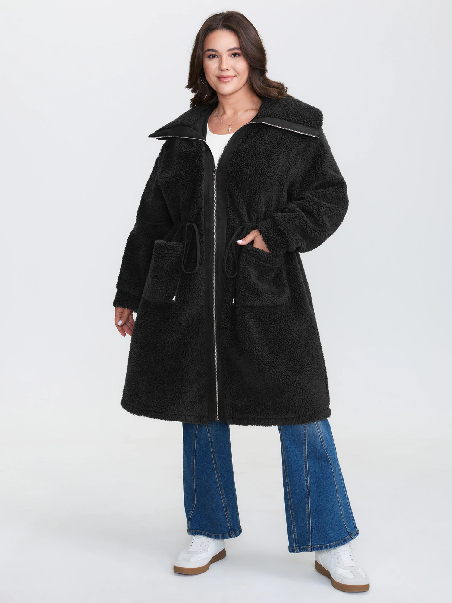 Faux Shearling Zipper Pockets Jacket - Image 2