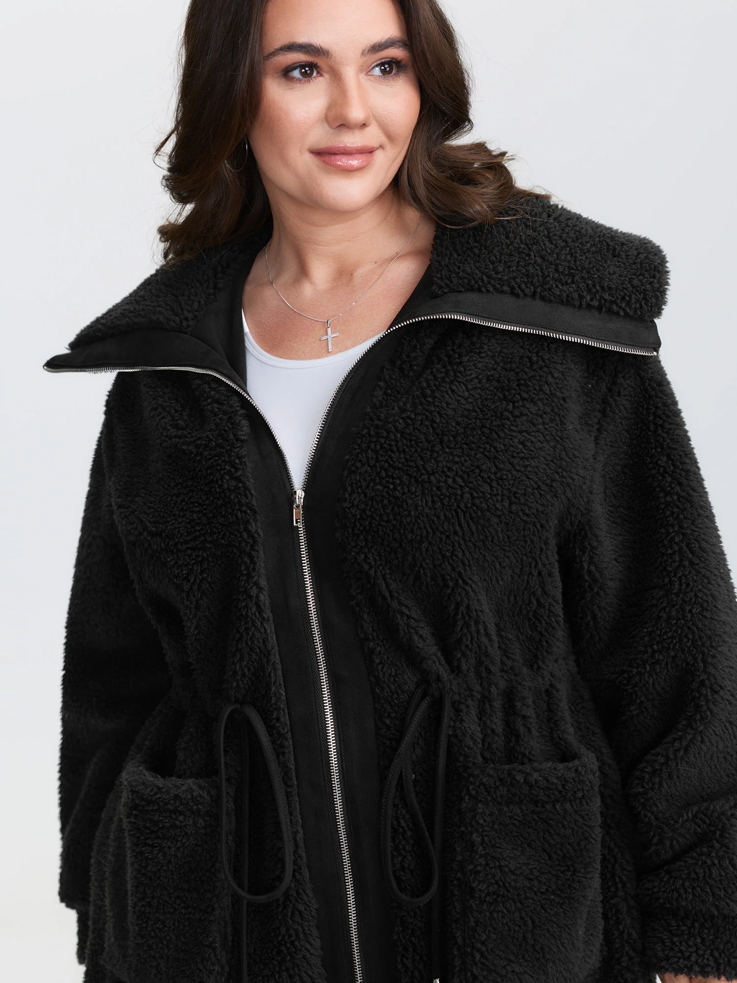 Faux Shearling Zipper Pockets Jacket - Image 3