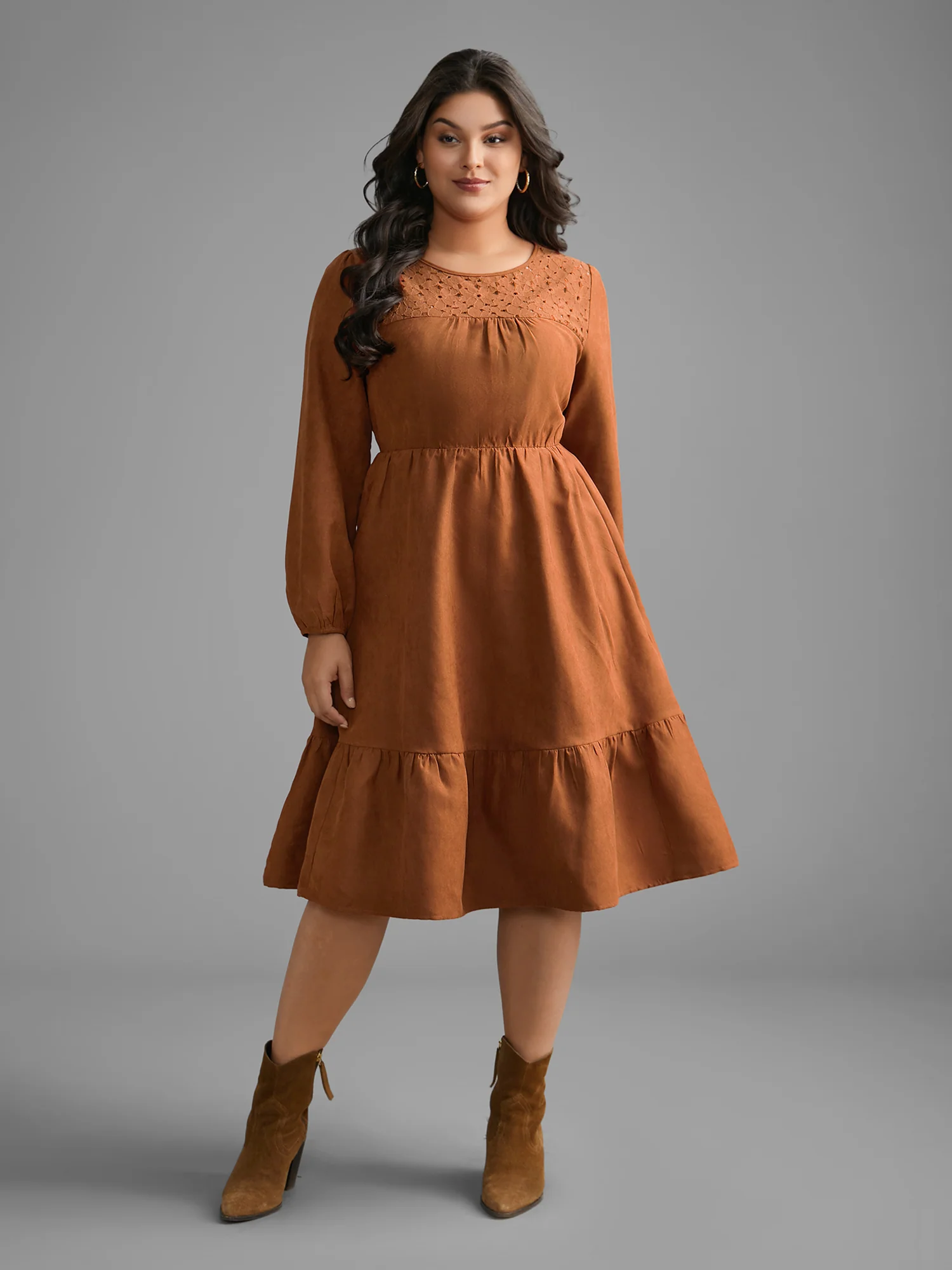 Faux Suede Lace Panel Lantern Sleeve Dress - Image 3