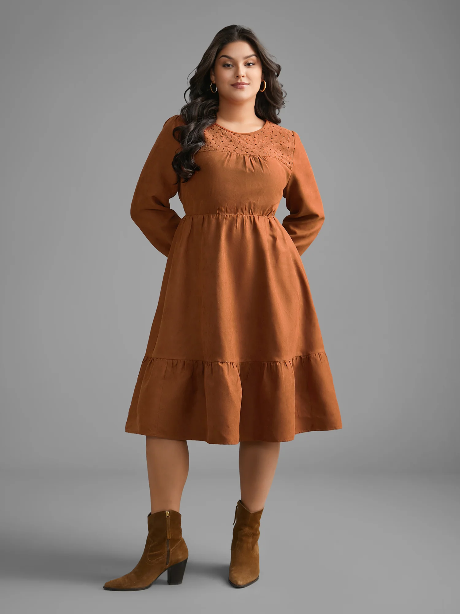 Faux Suede Lace Panel Lantern Sleeve Dress - Image 4