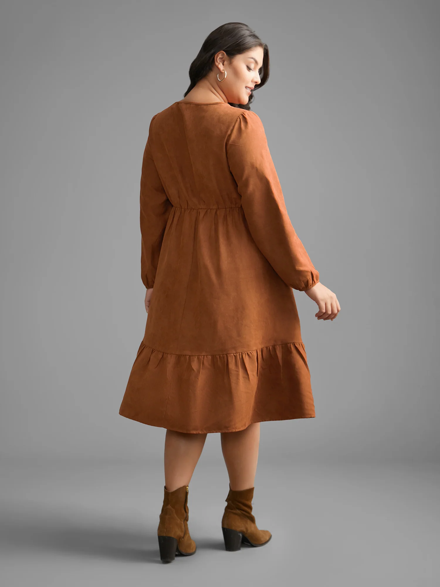 Faux Suede Lace Panel Lantern Sleeve Dress - Image 5