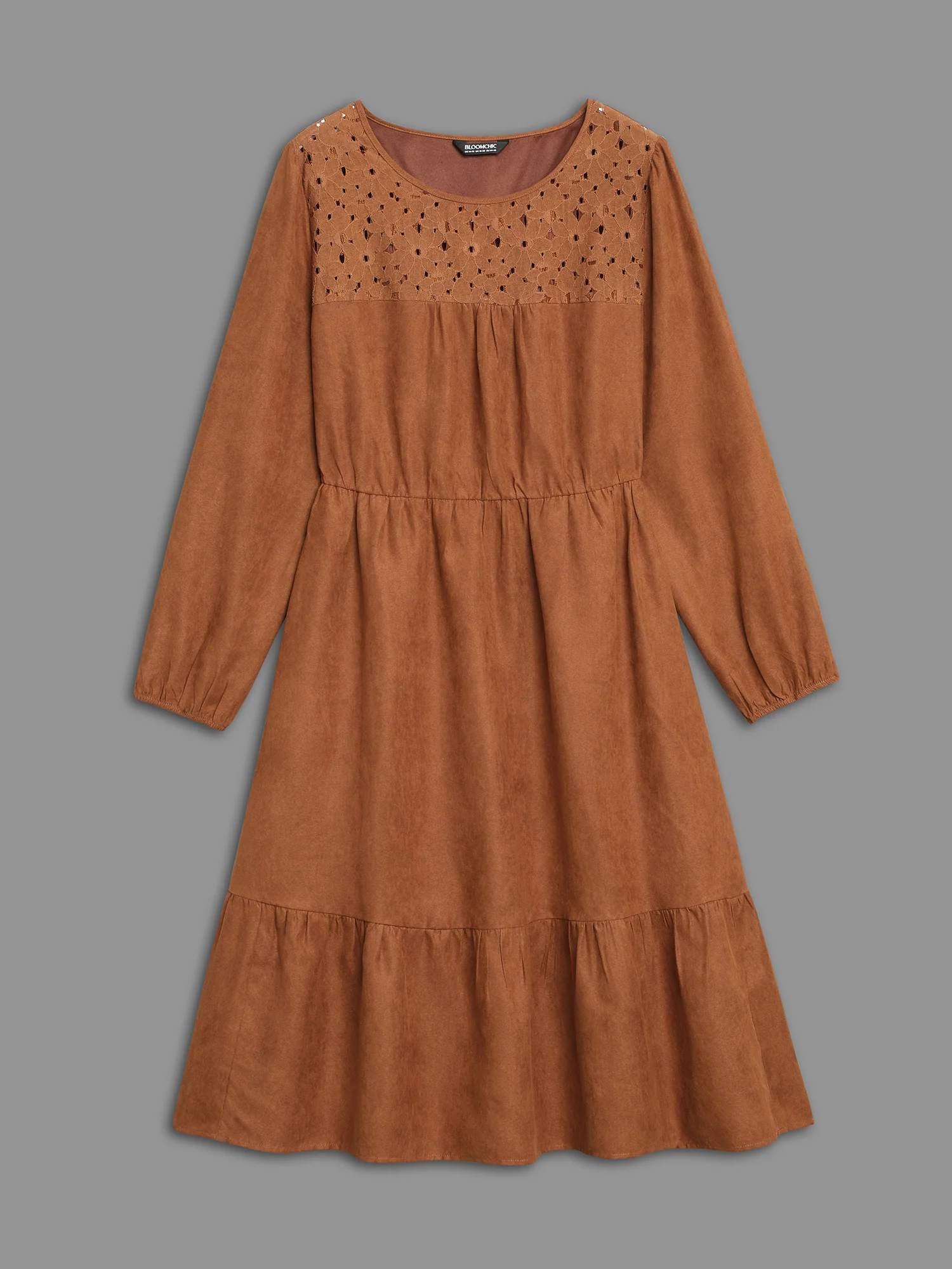 Faux Suede Lace Panel Lantern Sleeve Dress - Image 8