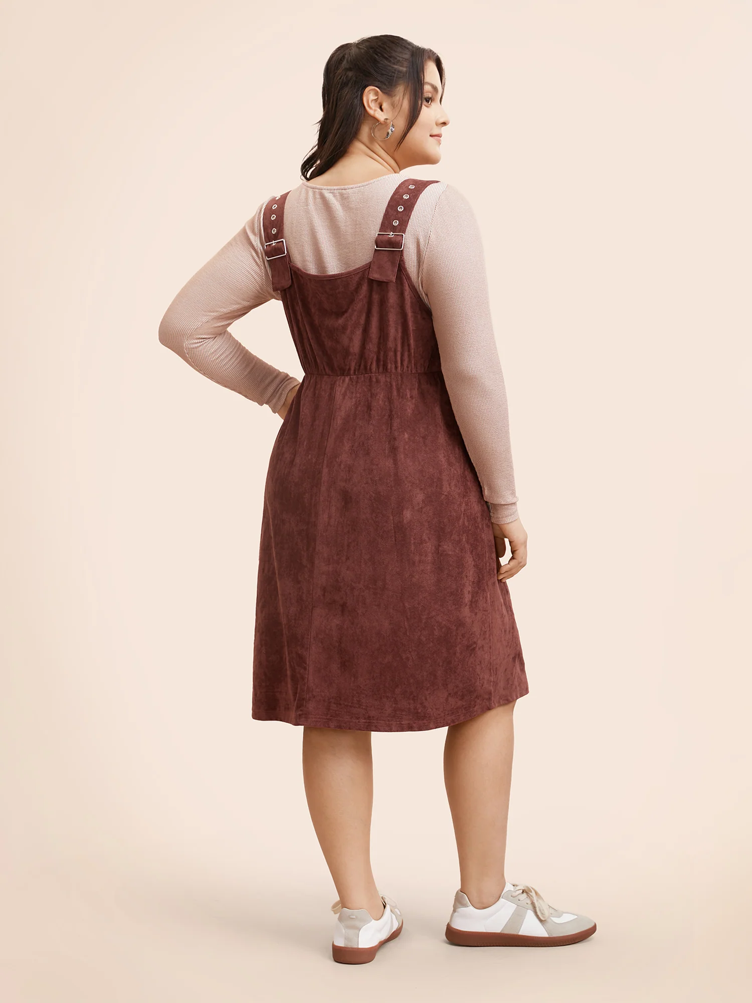 Faux Suede Pocket Overall Dress - Image 2