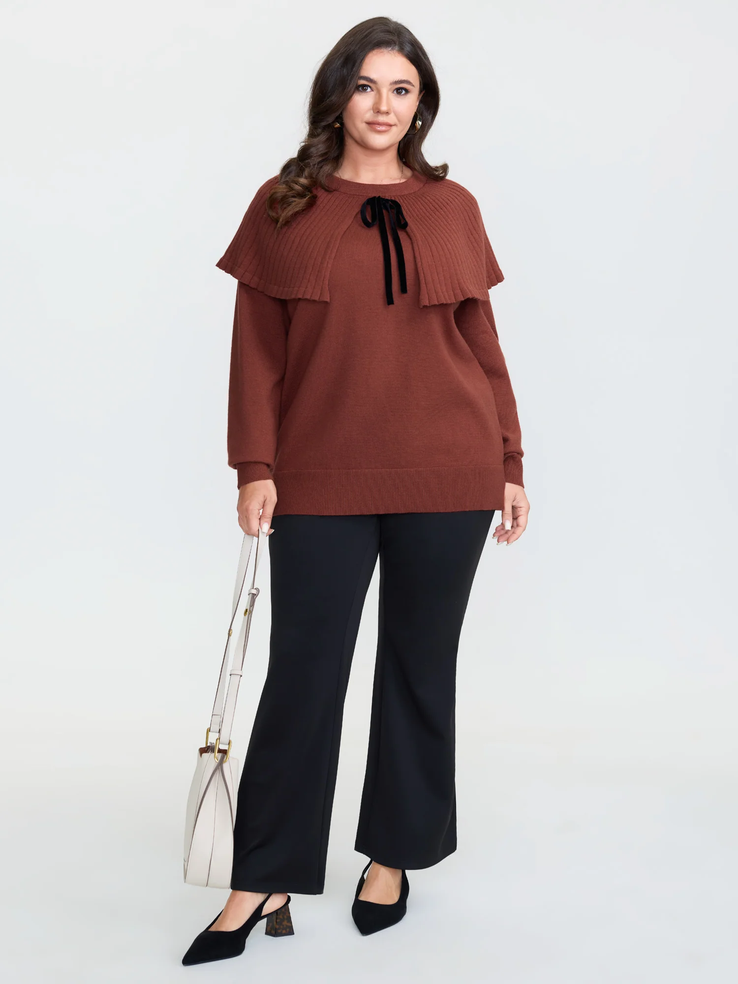 Faux Two-Piece Cape Velvet Bow Pullover - Image 2