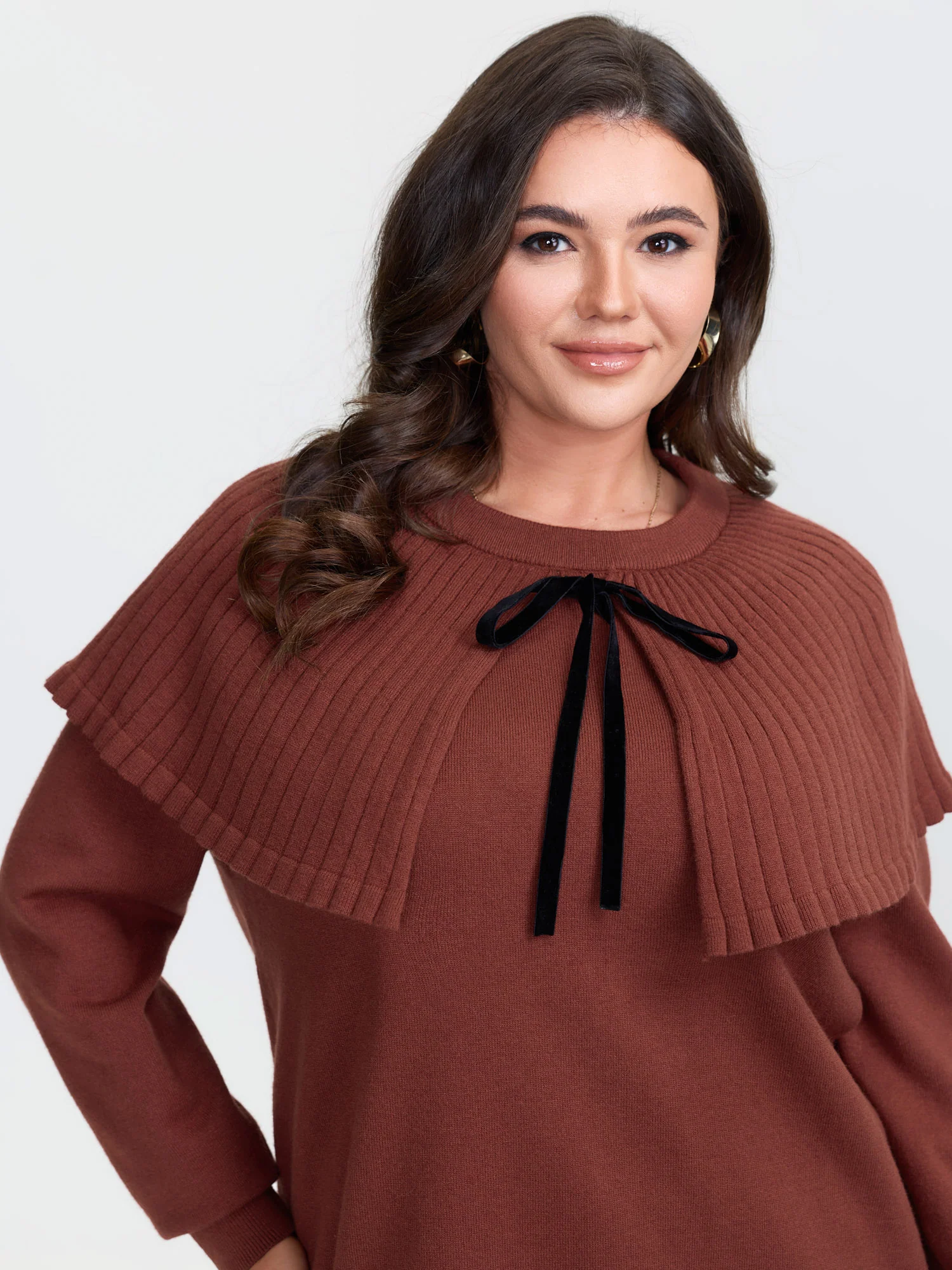 Faux Two-Piece Cape Velvet Bow Pullover - Image 3