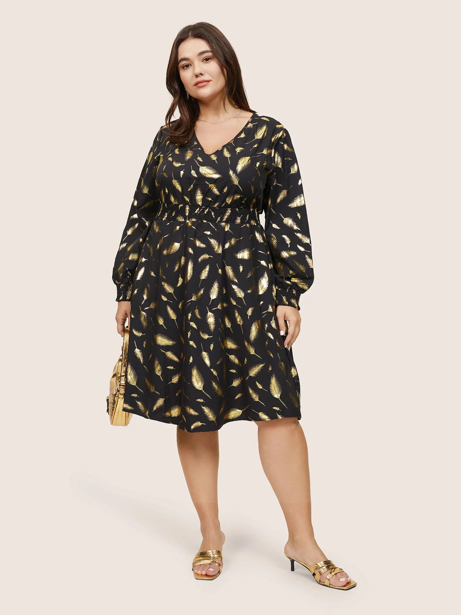 Feather Glitter Shirred Elastic Cuffs Dress - Image 2