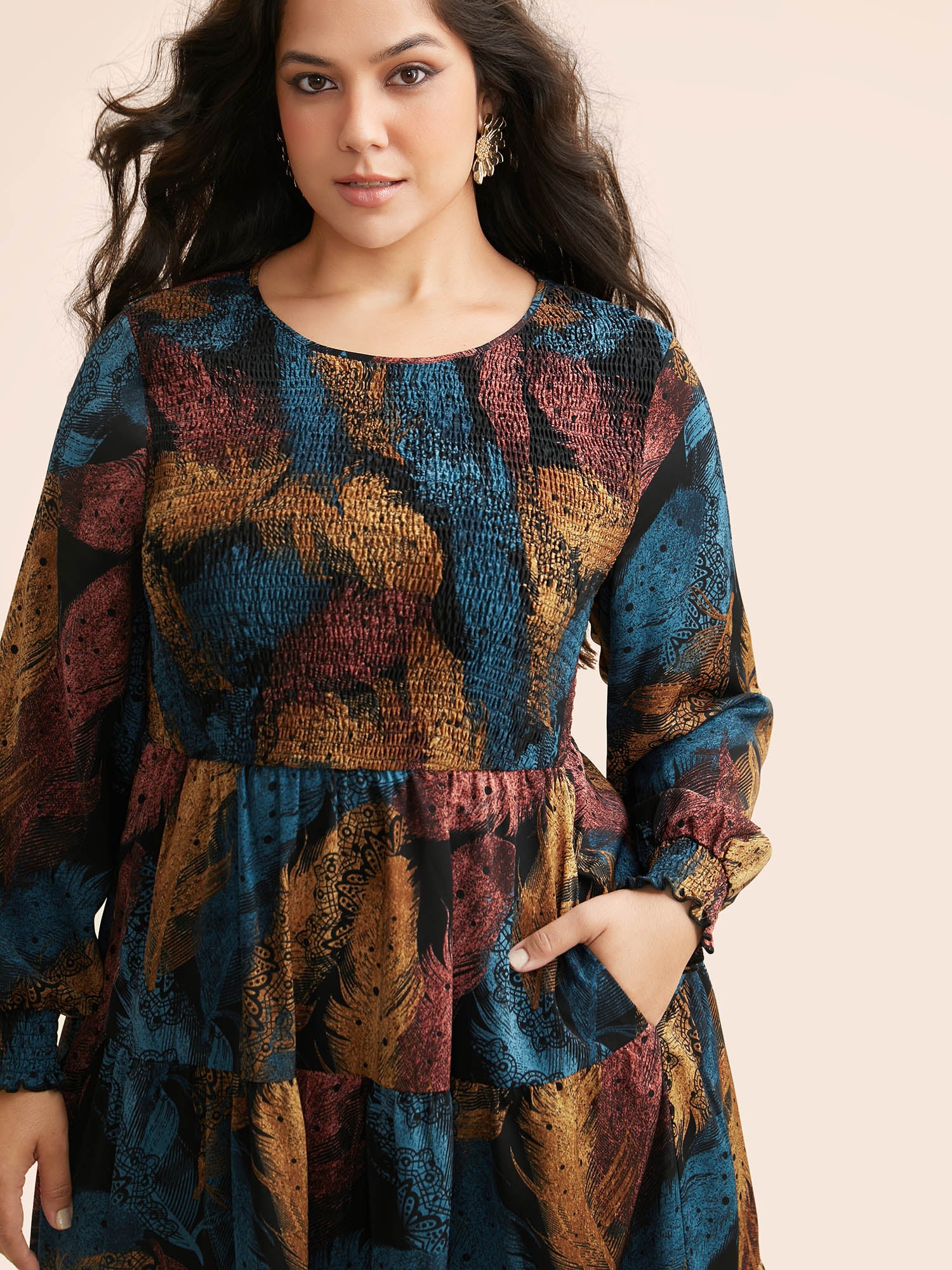 Feather Print Shirred Lantern Sleeve Dress - Image 2