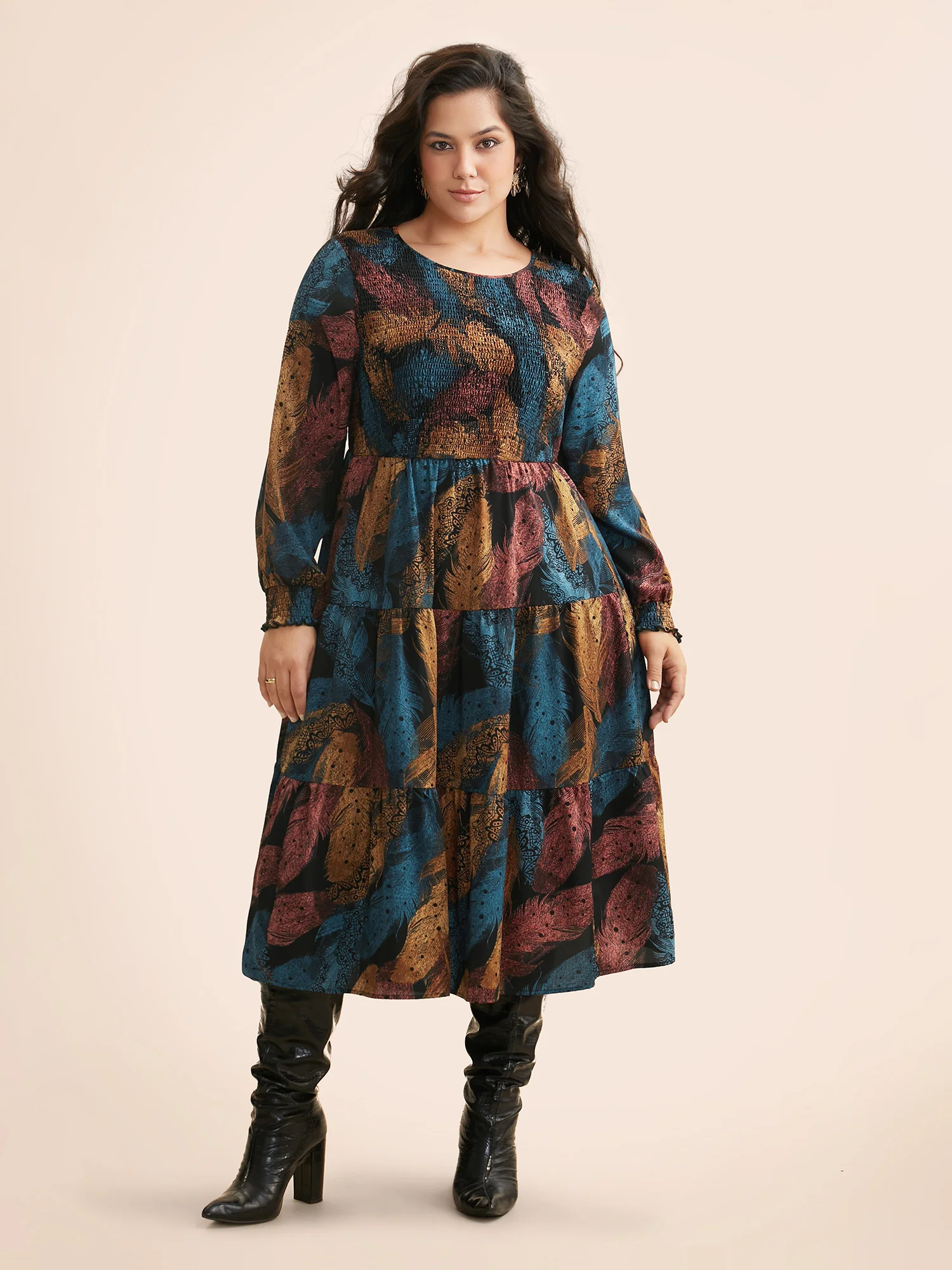 Feather Print Shirred Lantern Sleeve Dress - Image 3