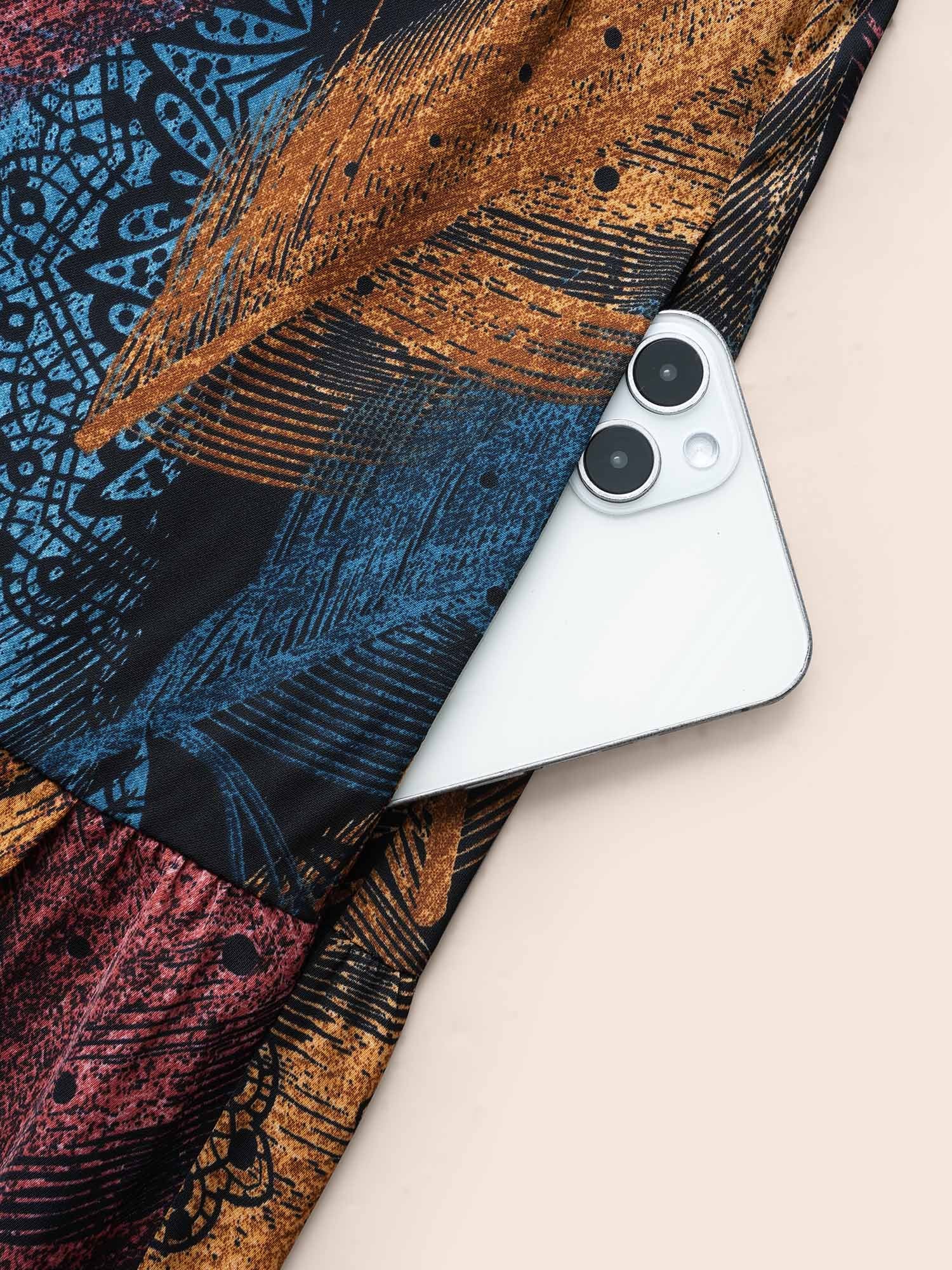 Feather Print Shirred Lantern Sleeve Dress - Image 5