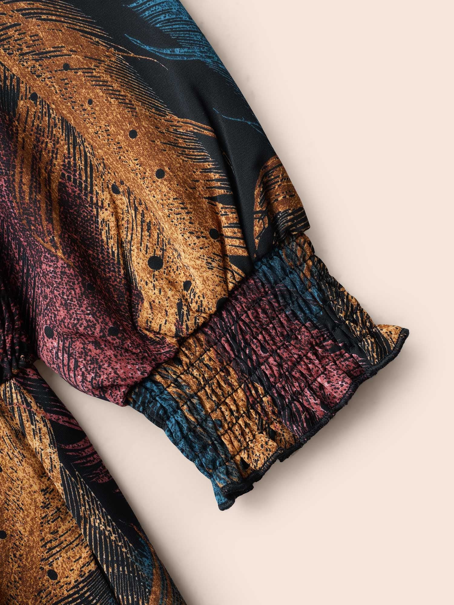 Feather Print Shirred Lantern Sleeve Dress - Image 6