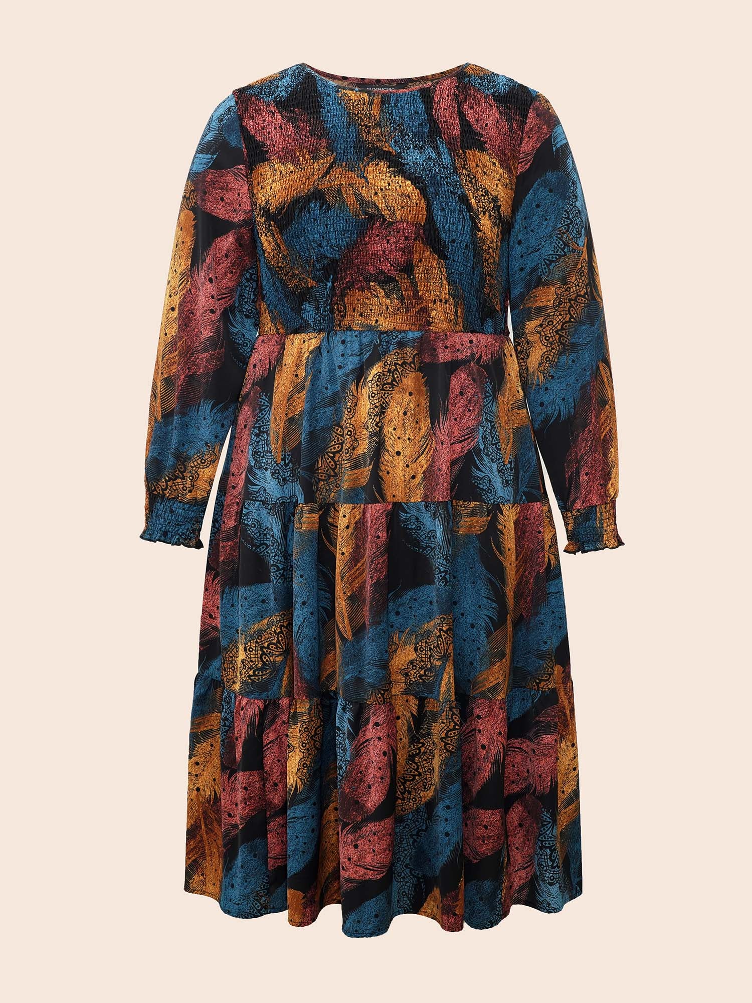 Feather Print Shirred Lantern Sleeve Dress - Image 7