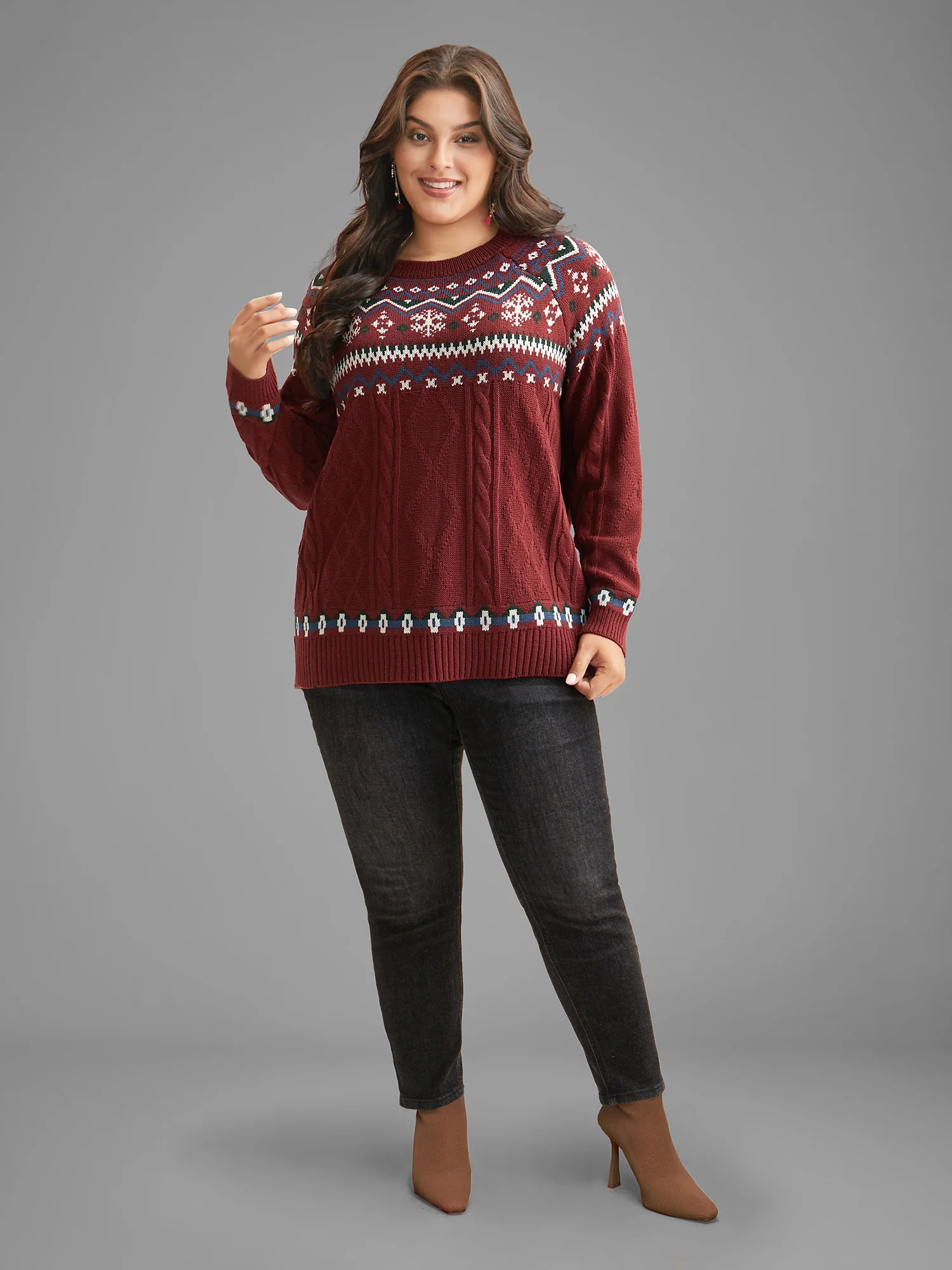 Festive Fair Isle Cable Knit Pullover - Image 2