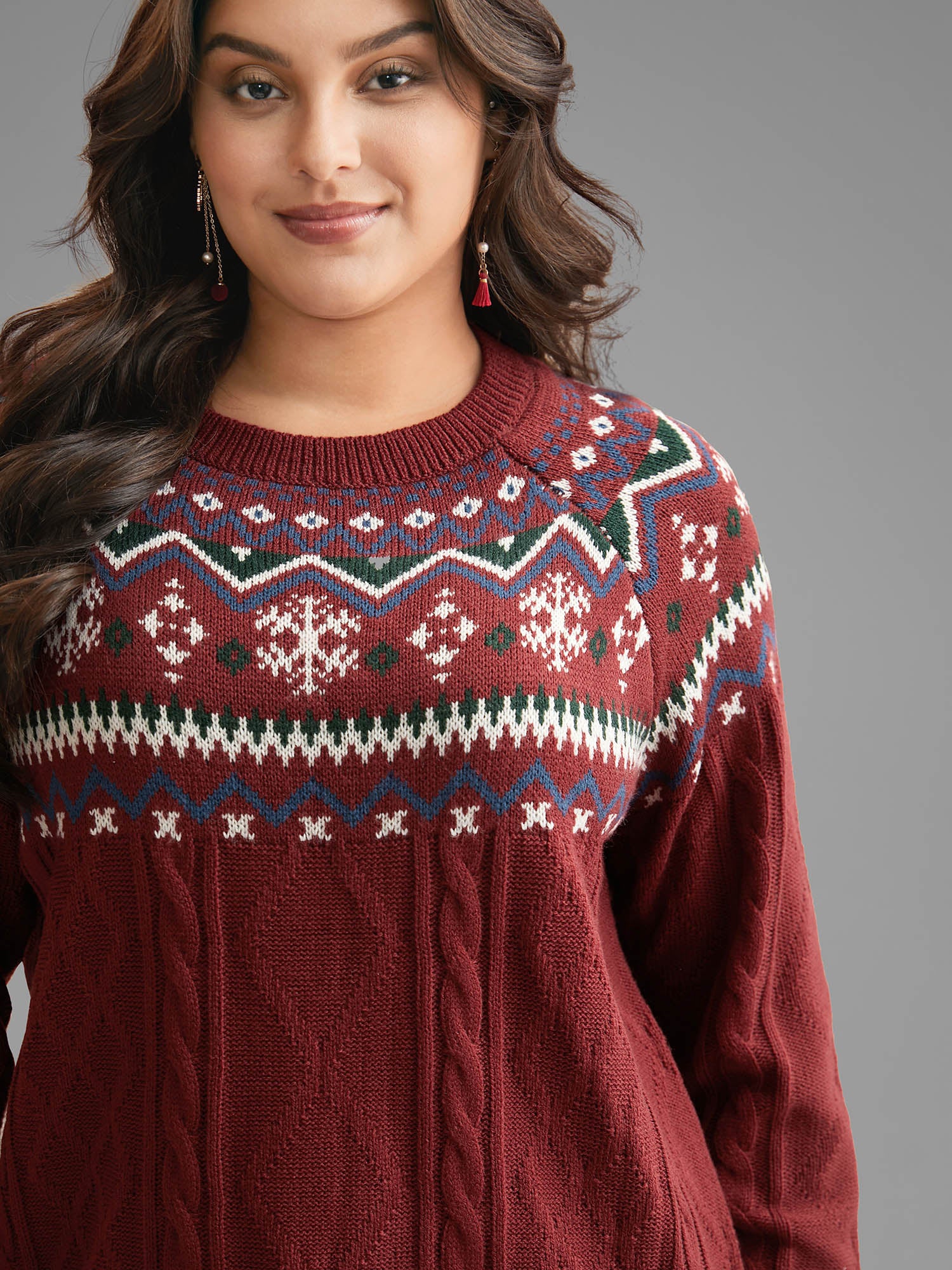 Festive Fair Isle Cable Knit Pullover - Image 3