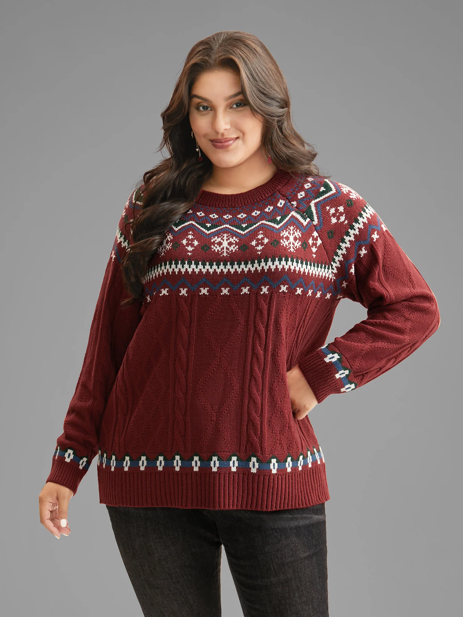Festive Fair Isle Cable Knit Pullover - Image 4