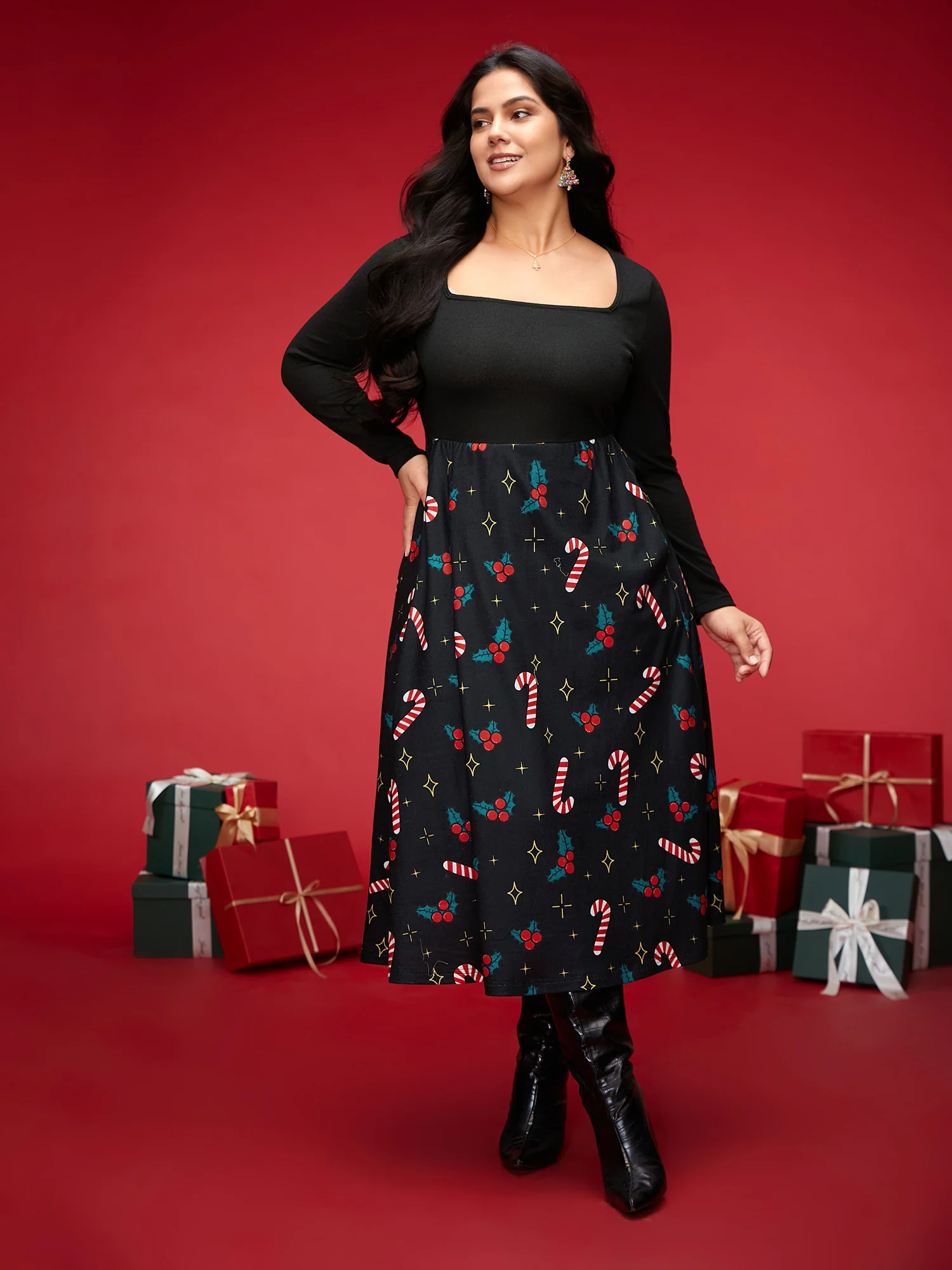 Festive Knit Printed Skirt Midi Dress - Image 2
