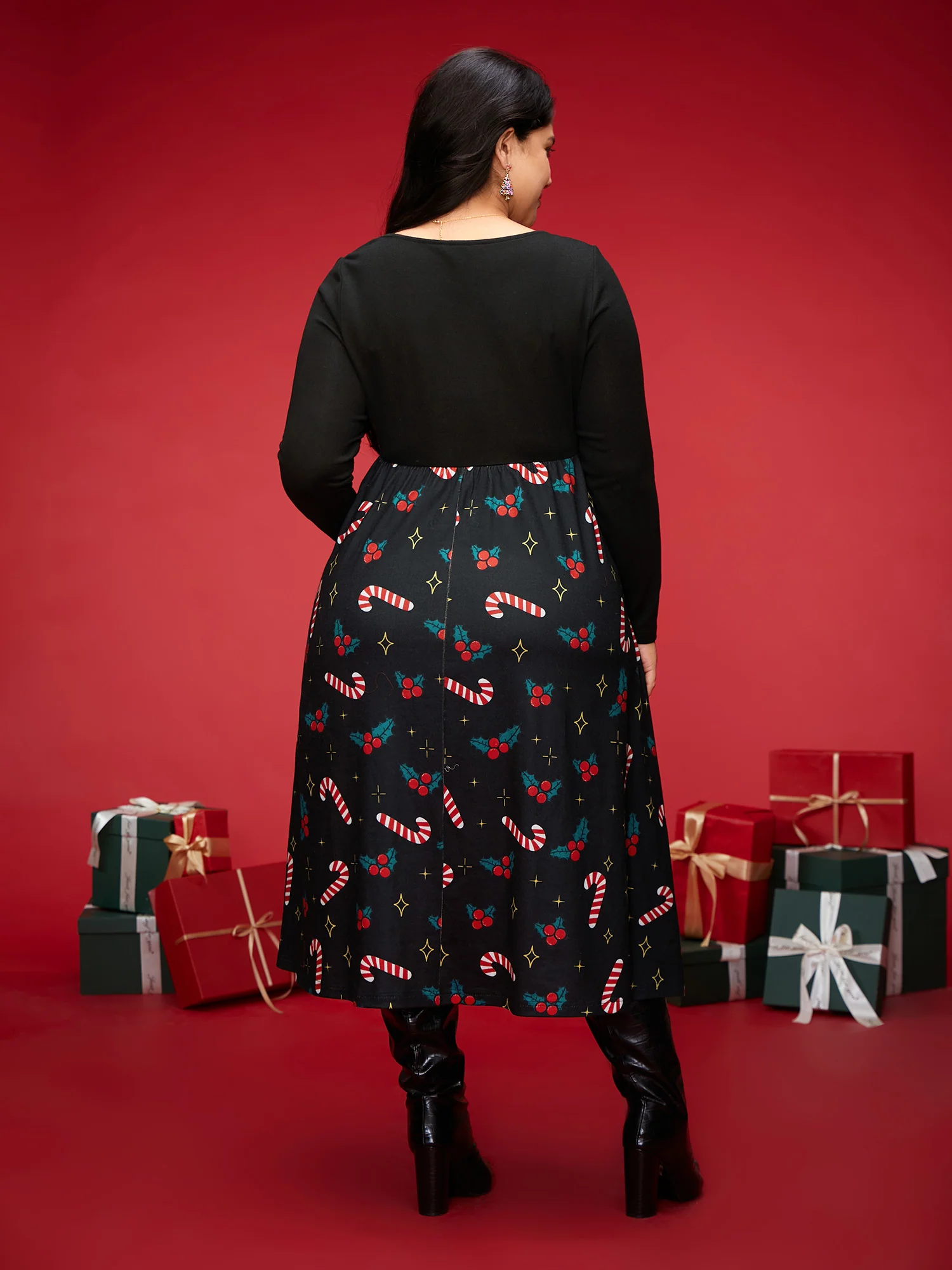 Festive Knit Printed Skirt Midi Dress - Image 4