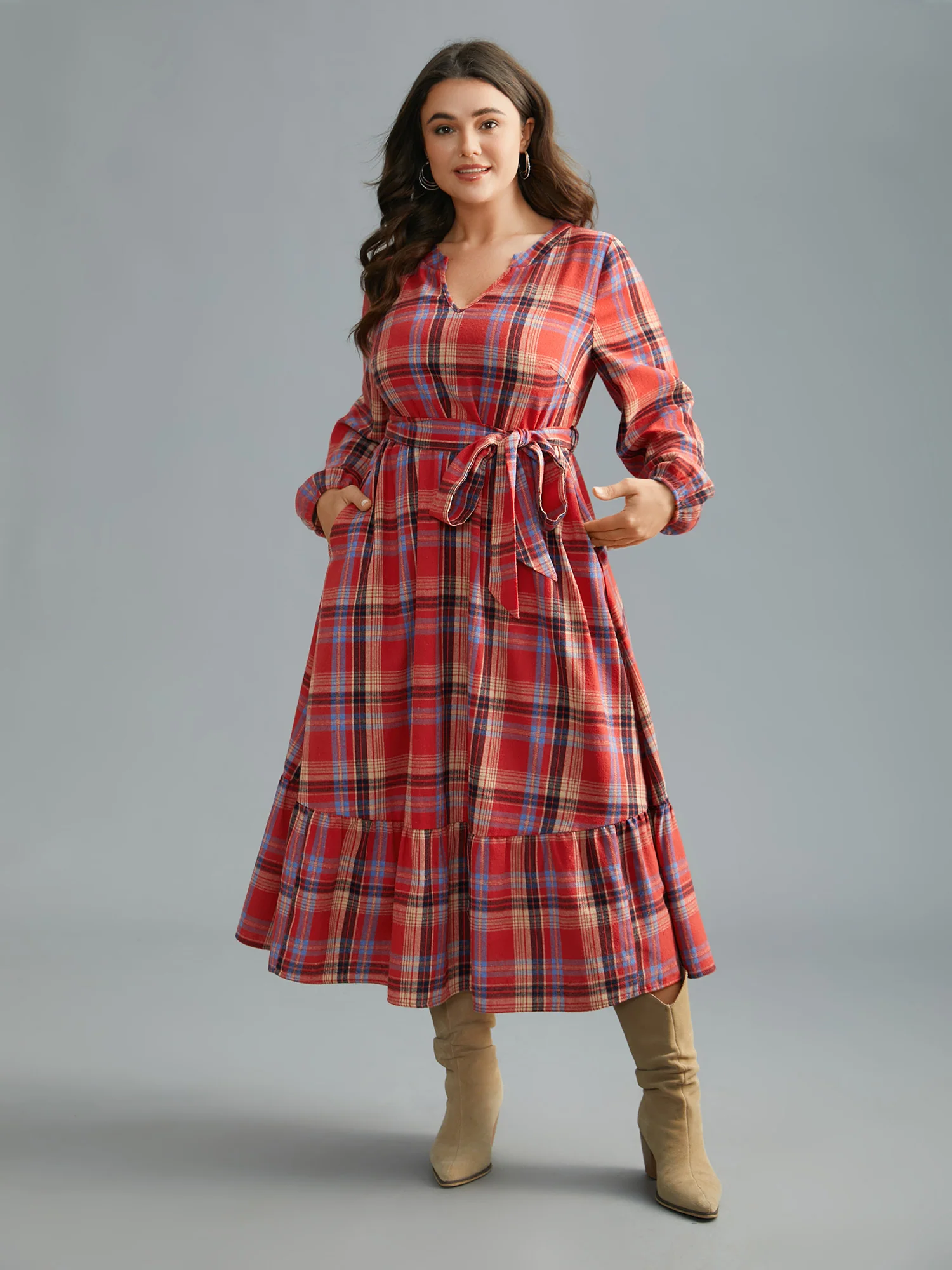 Festive Notched Collar Plaid Dress - Image 10