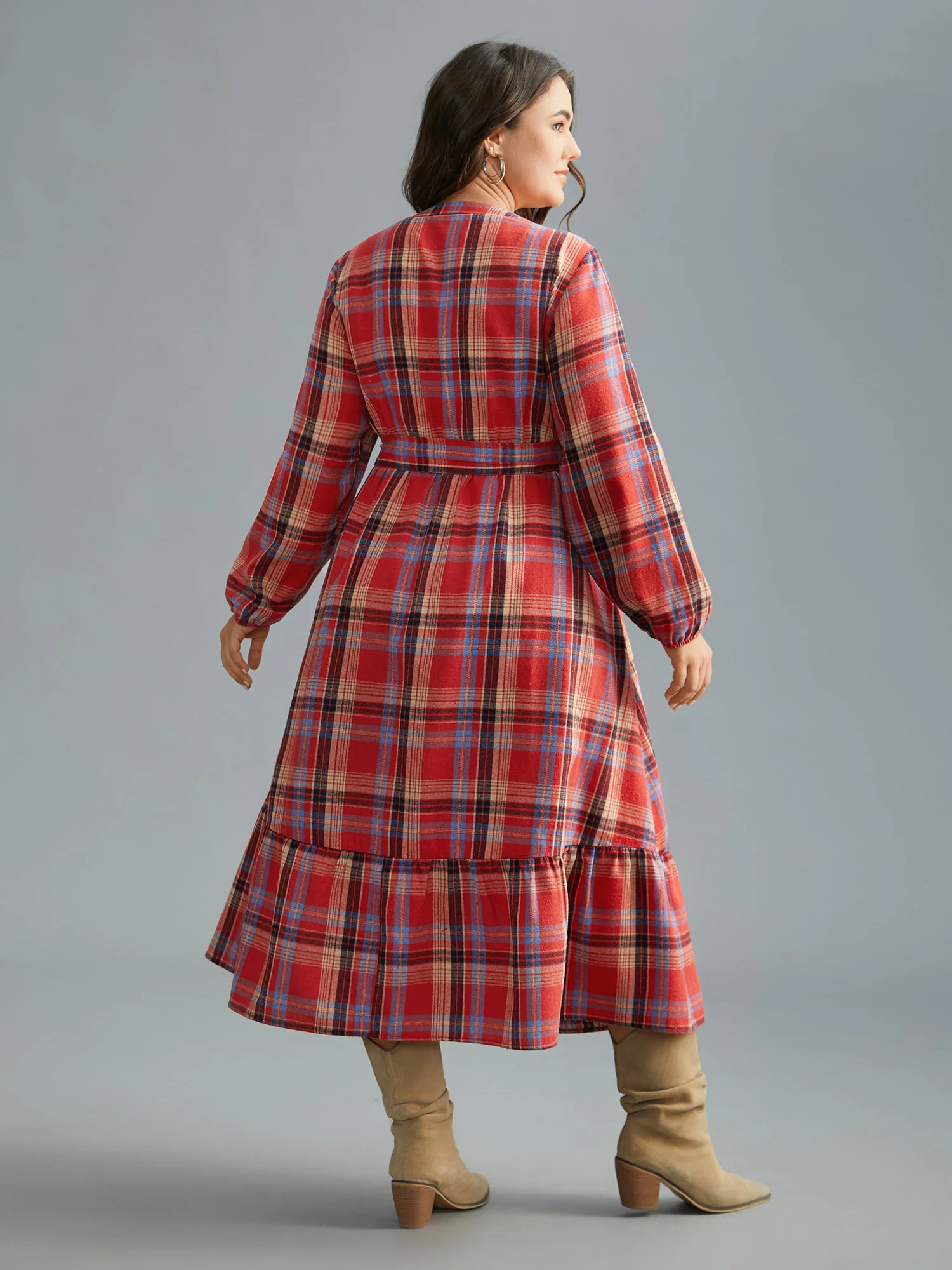 Festive Notched Collar Plaid Dress - Image 11