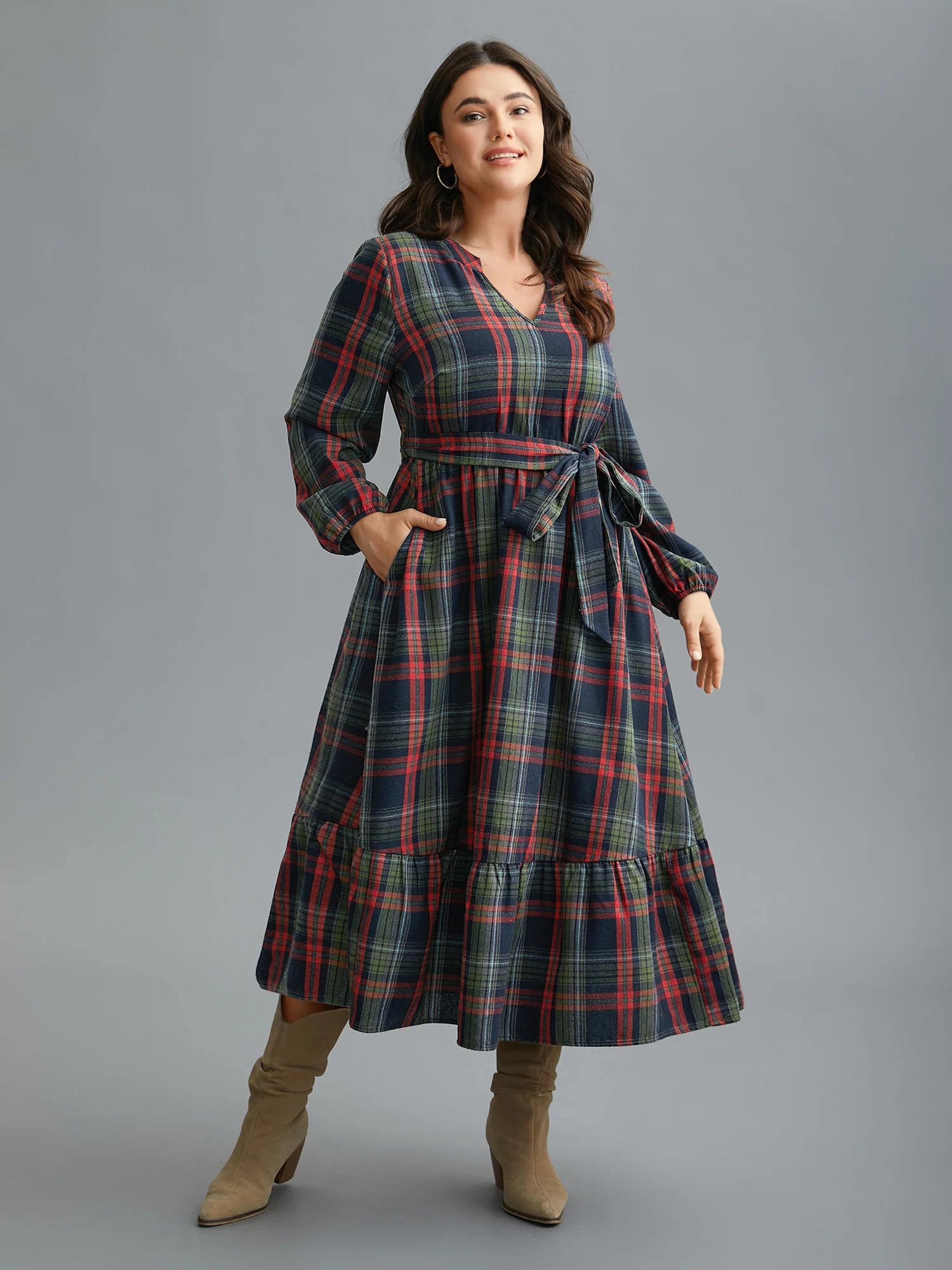 Festive Notched Collar Plaid Dress - Image 12