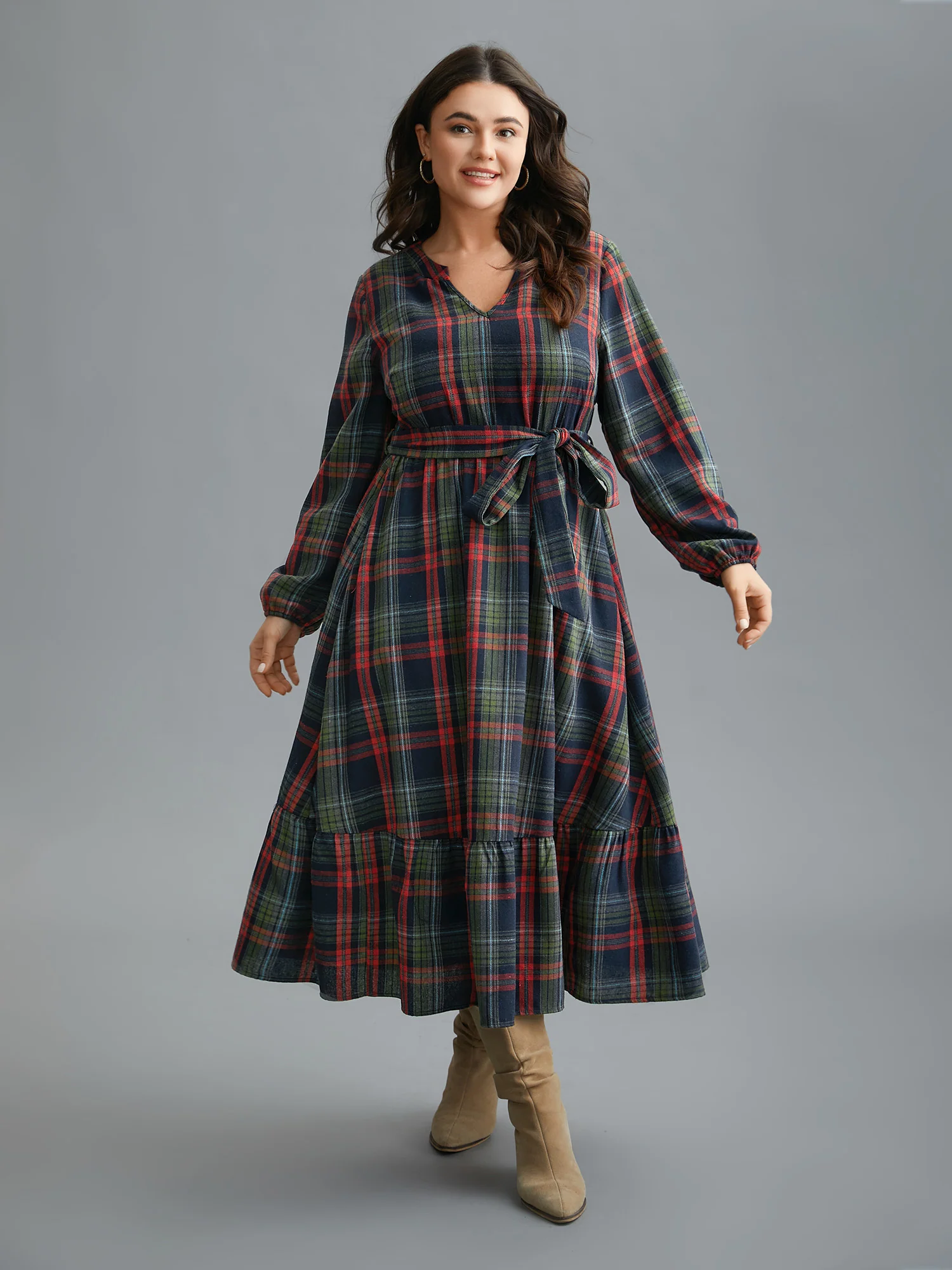 Festive Notched Collar Plaid Dress - Image 13