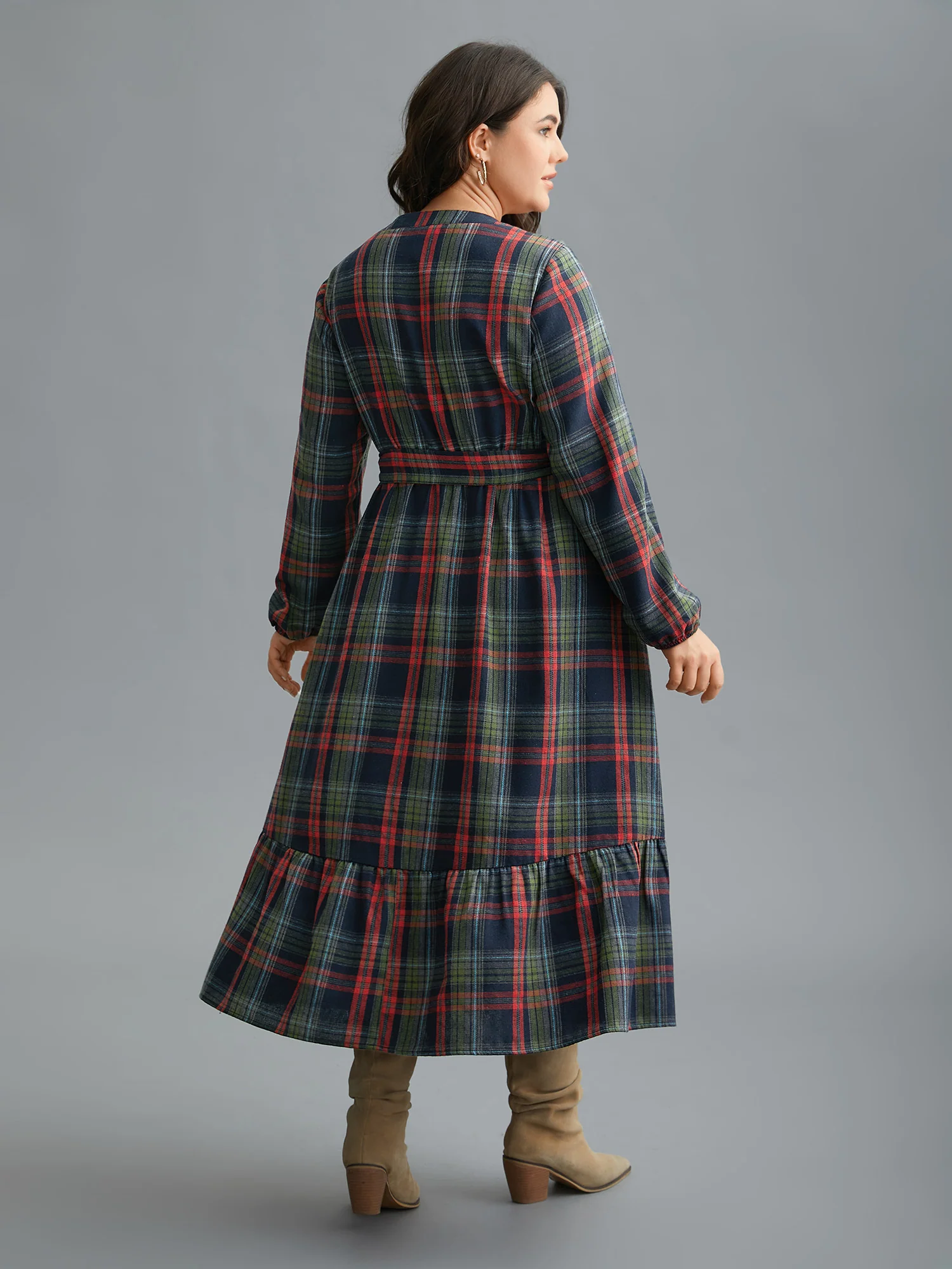 Festive Notched Collar Plaid Dress - Image 15