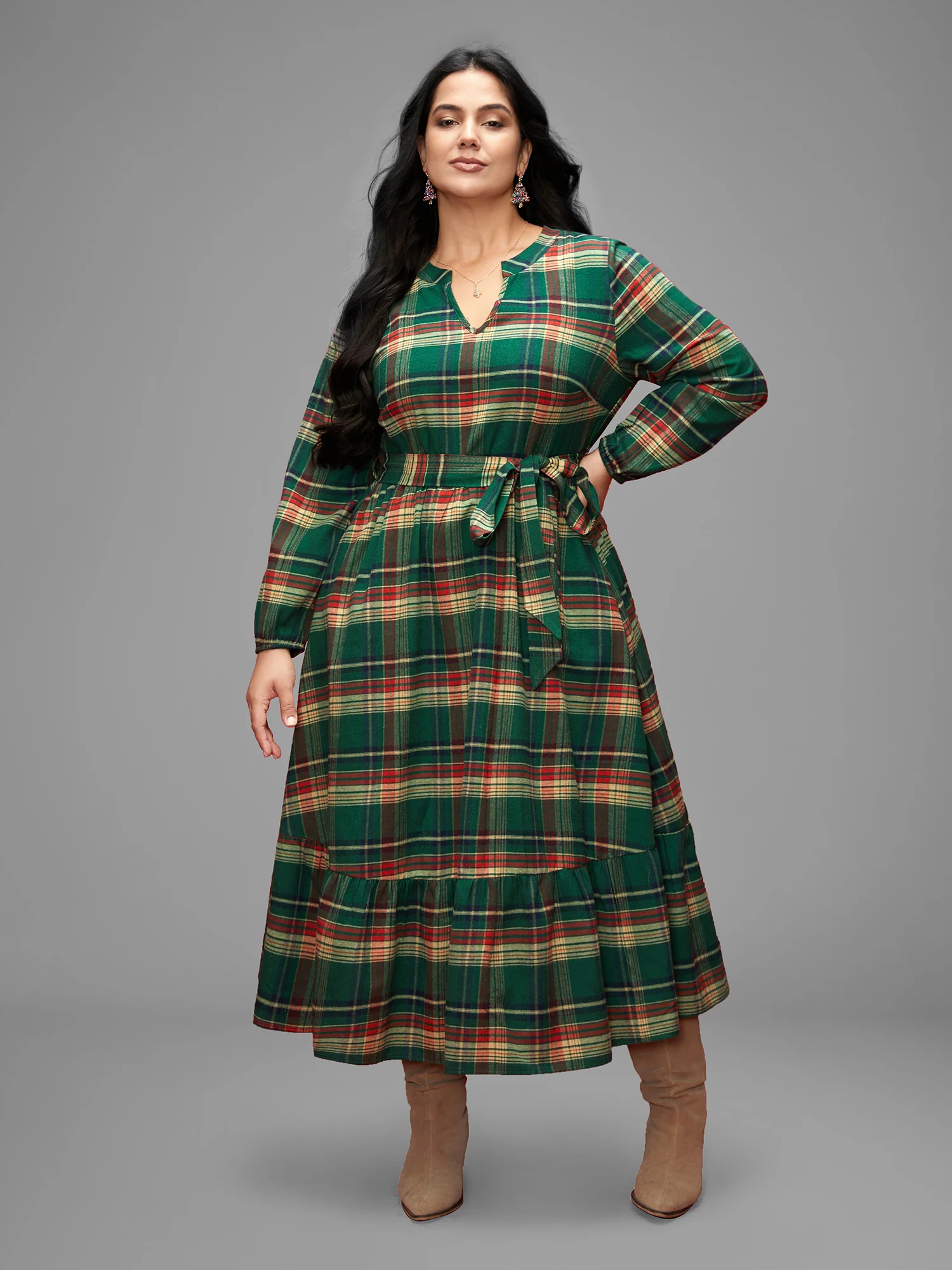 Festive Notched Collar Plaid Dress - Image 2