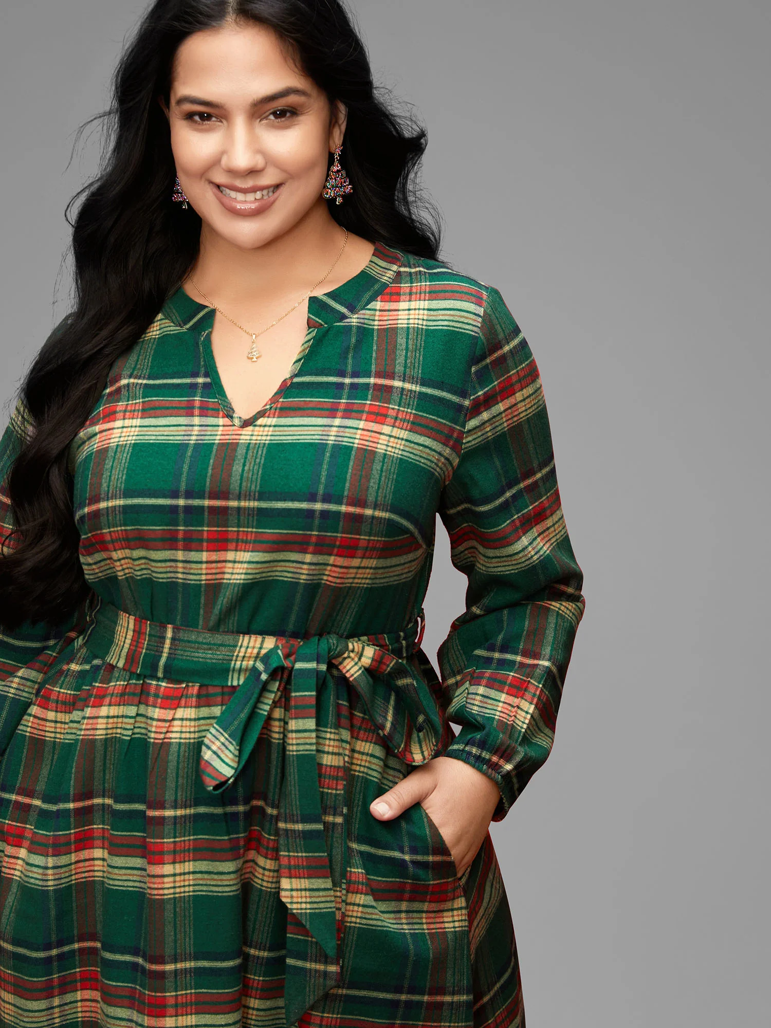 Festive Notched Collar Plaid Dress - Image 3
