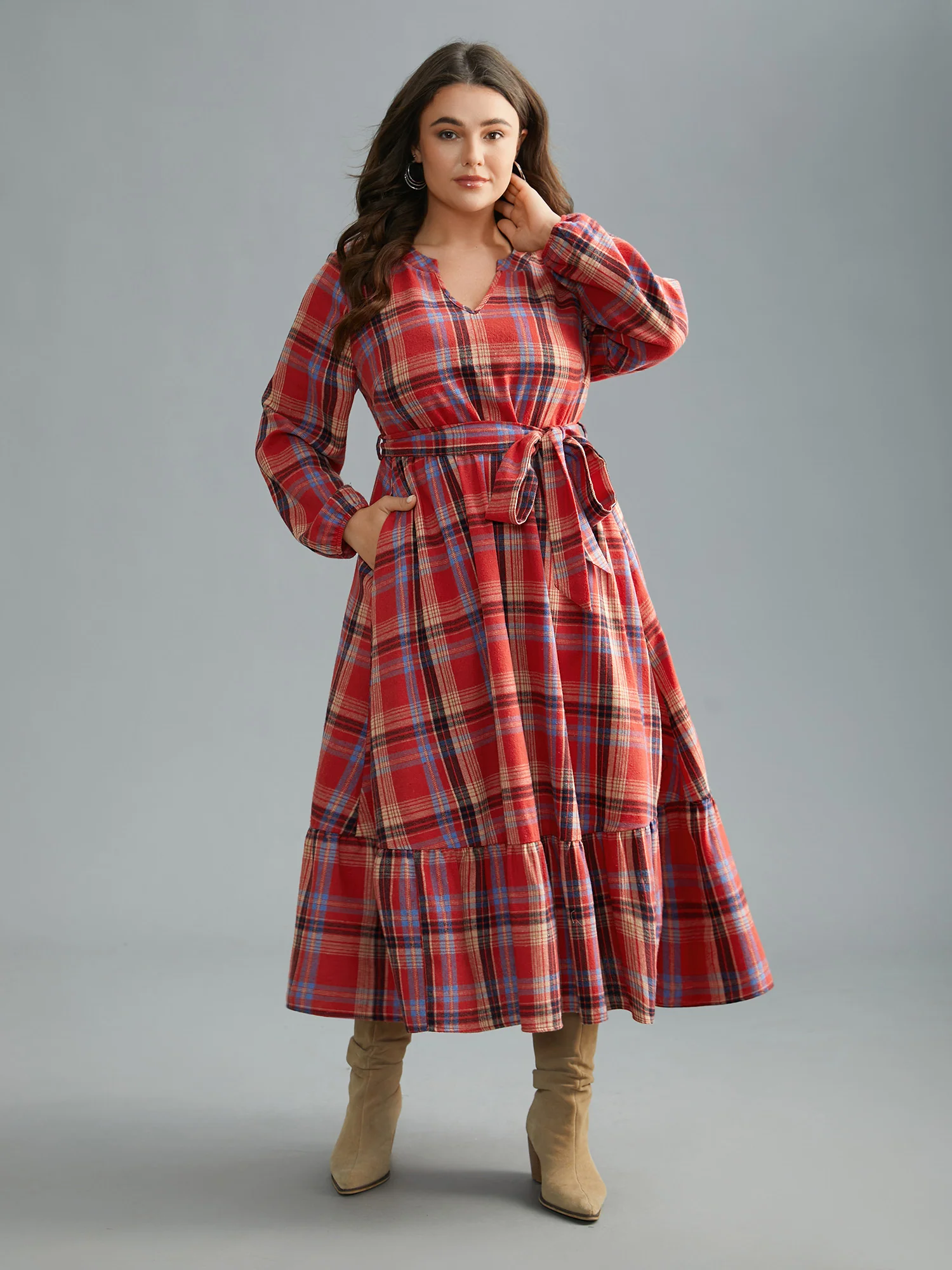 Festive Notched Collar Plaid Dress - Image 9