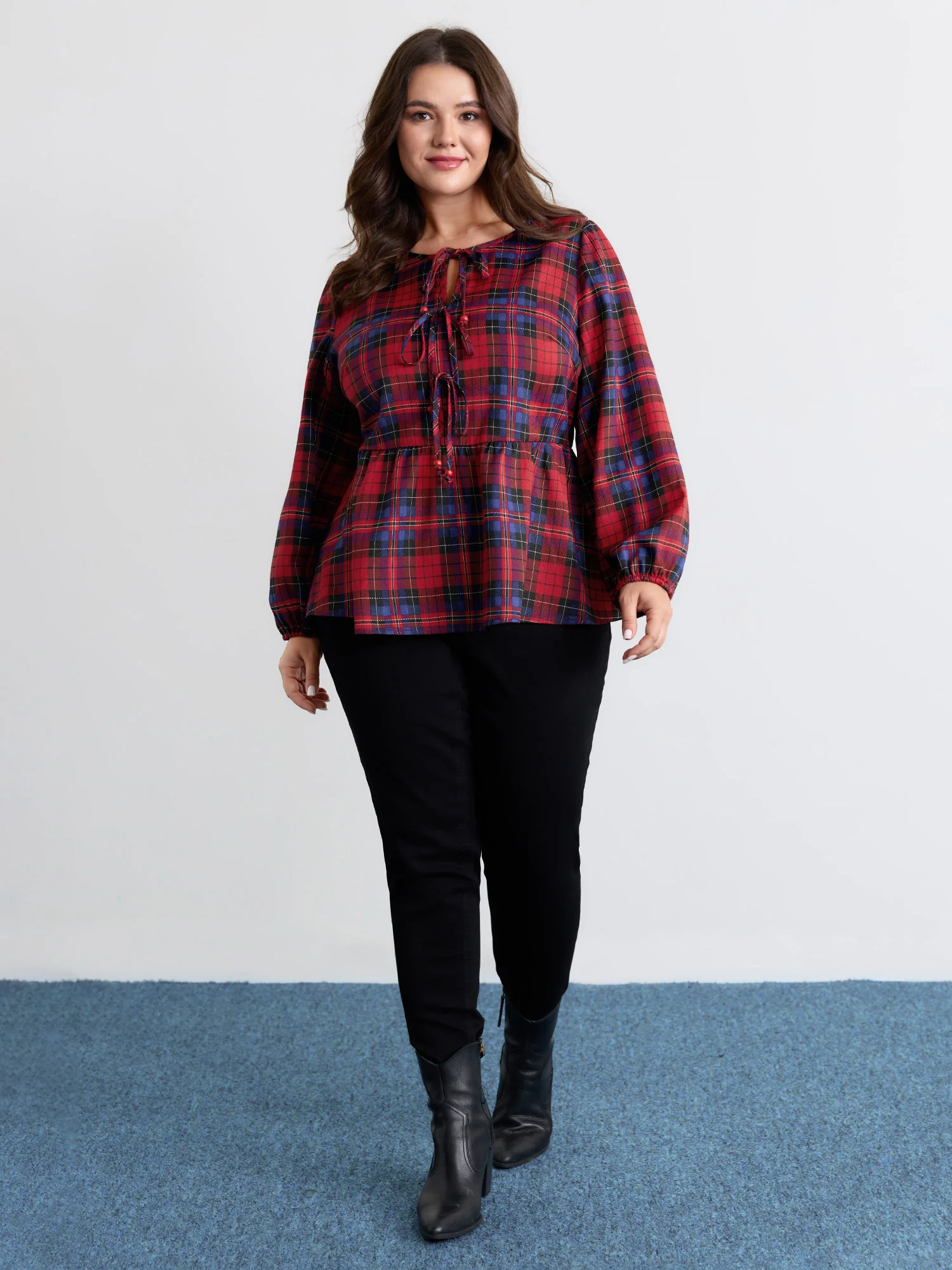 Festive Plaid Bowknots Adjustable Blouse - Image 3