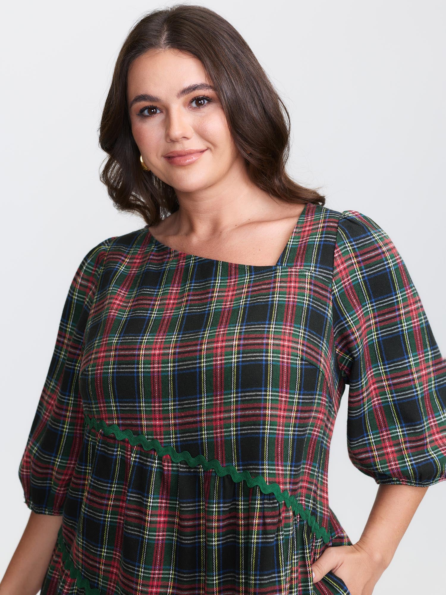 Festive Plaid Wavy Trim Mini Dress - Image 10