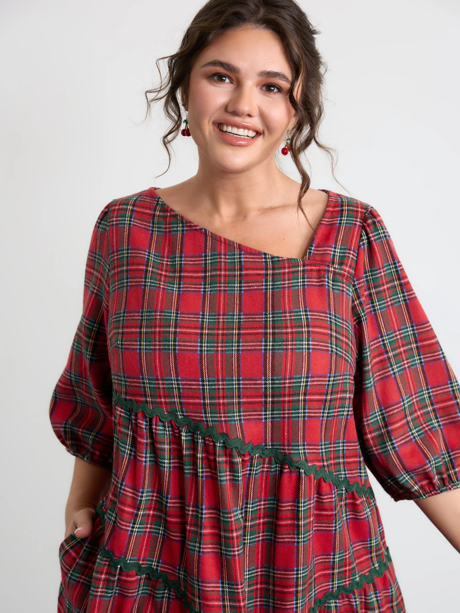 Festive Plaid Wavy Trim Mini Dress - Image 2