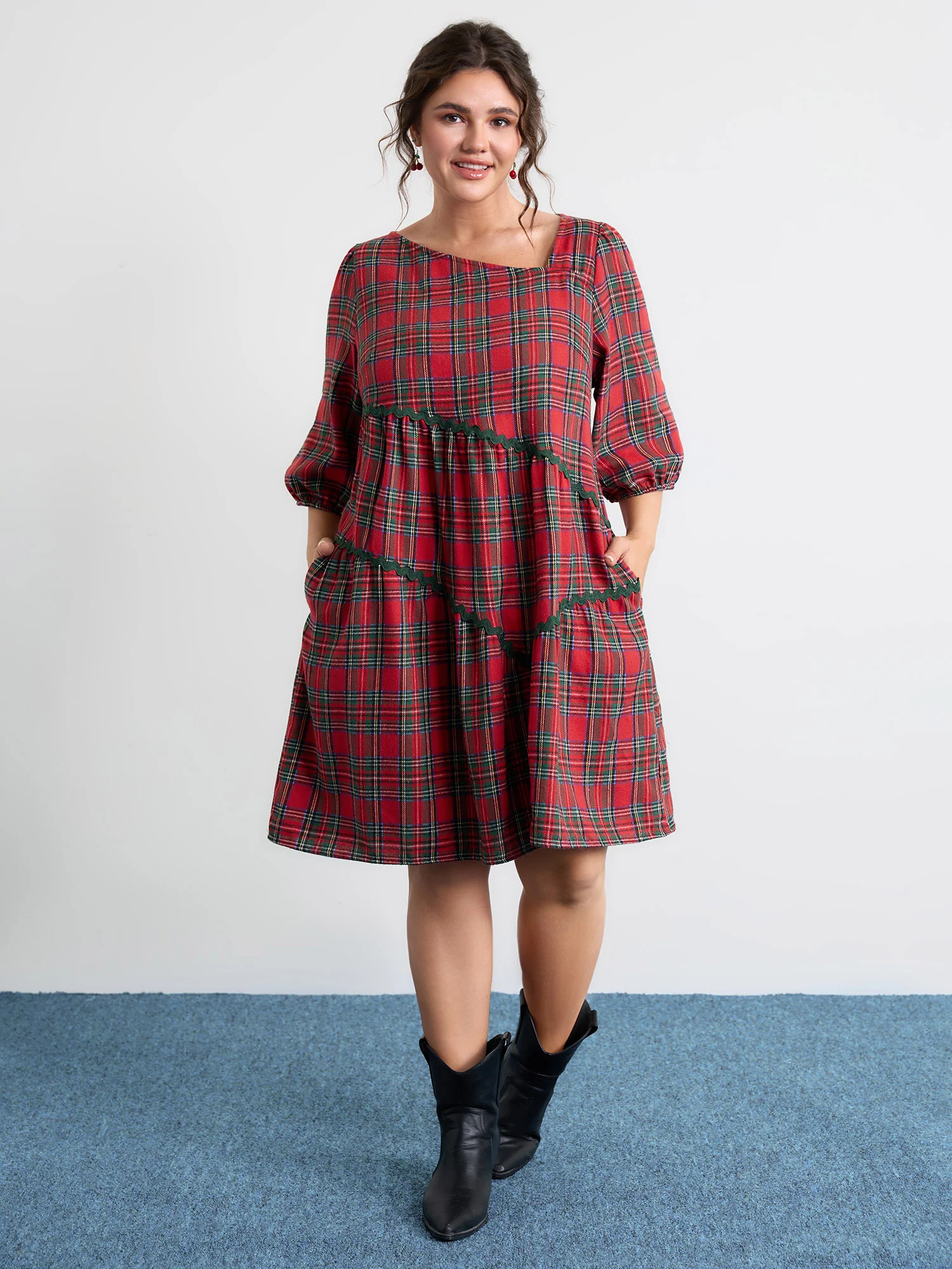 Festive Plaid Wavy Trim Mini Dress - Image 3
