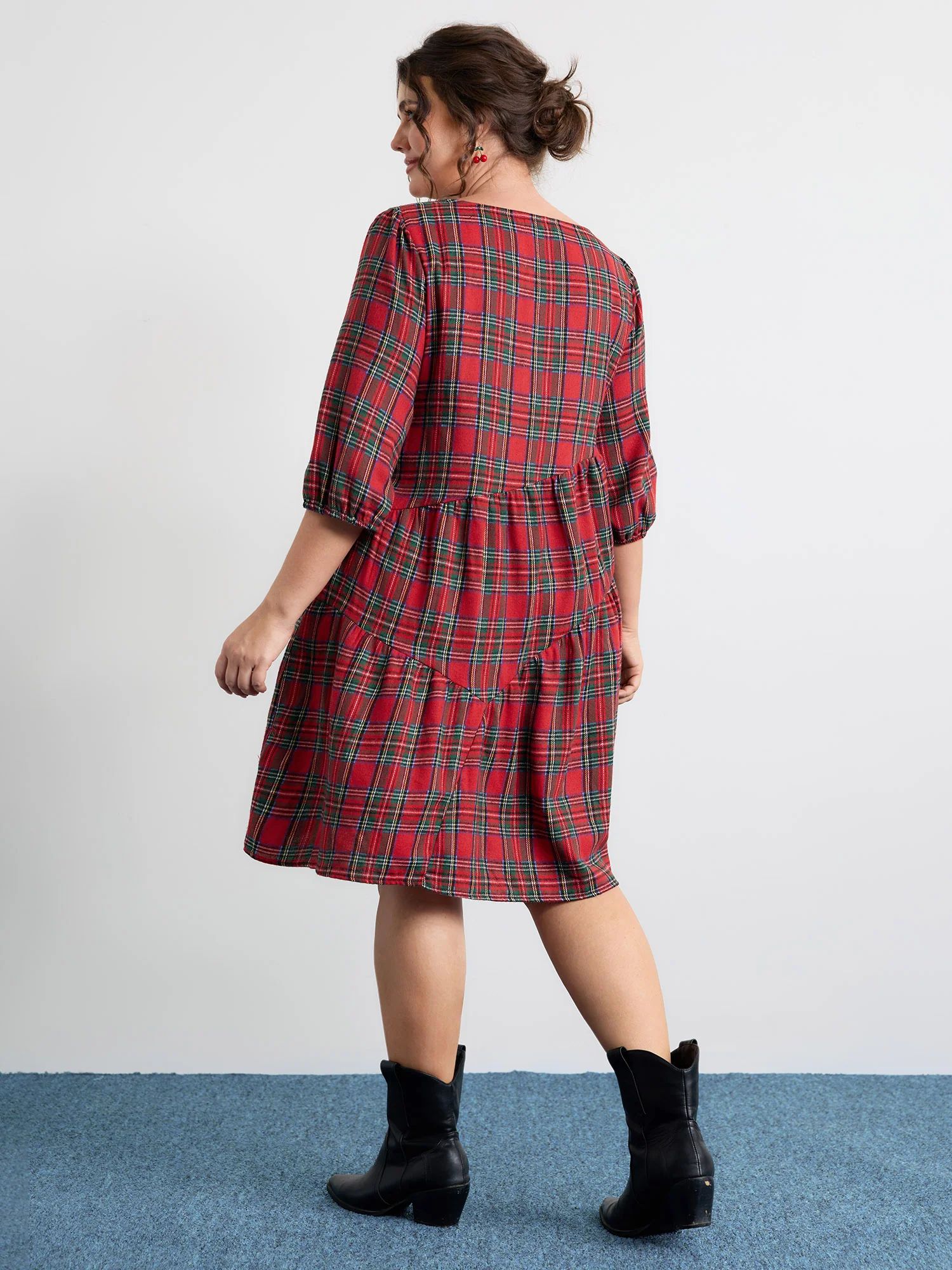Festive Plaid Wavy Trim Mini Dress - Image 4