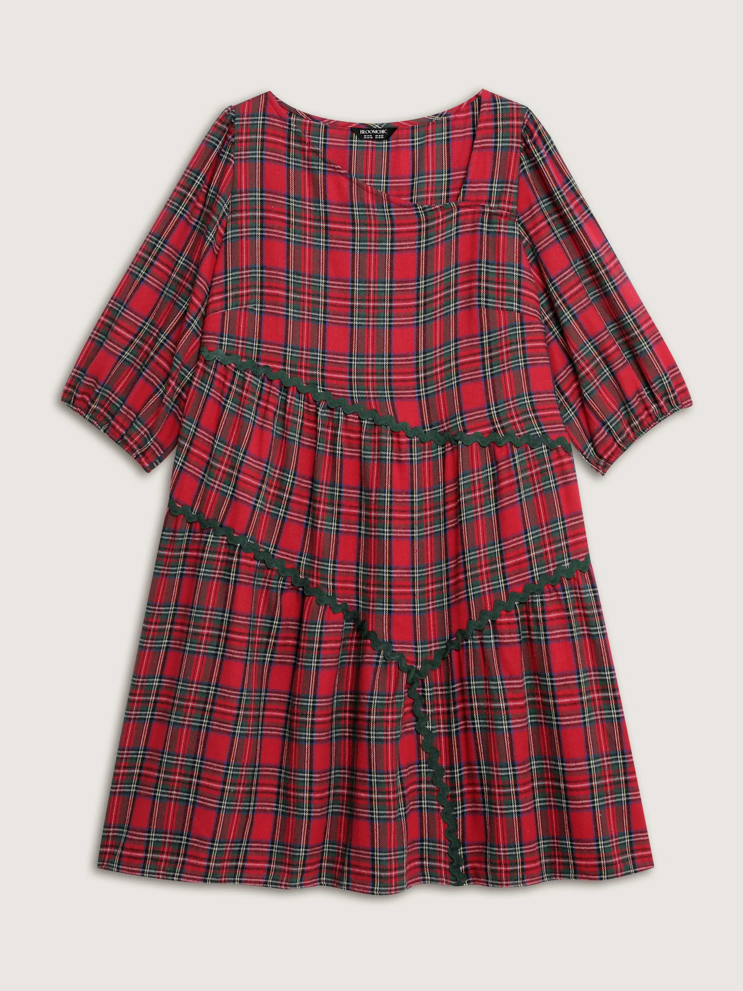 Festive Plaid Wavy Trim Mini Dress - Image 7