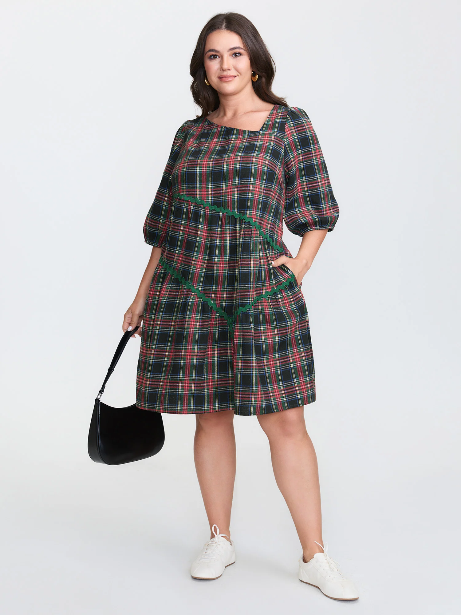 Festive Plaid Wavy Trim Mini Dress - Image 8